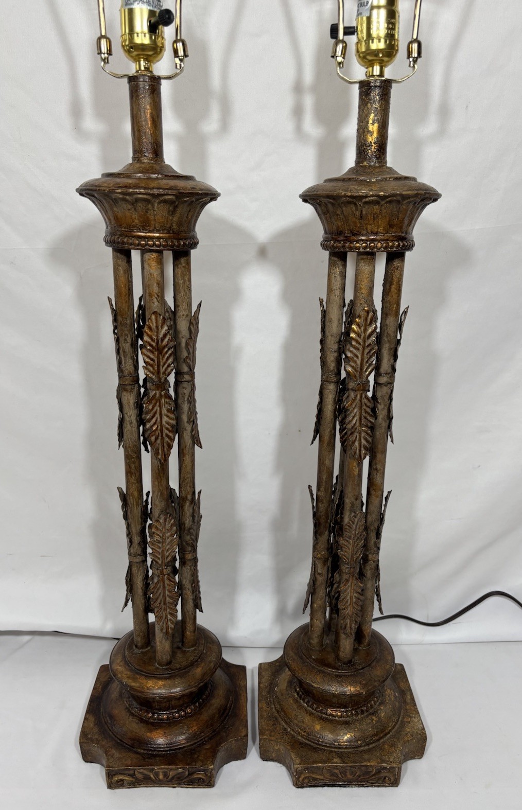 Pair of Italian Style Gilt Tole Metal Table Lamps Leaf Vine Altar Candlestick
