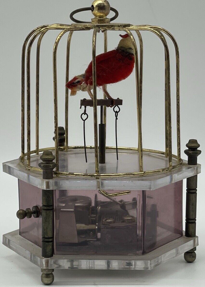 Vintage Japan Sankyo Automaton Bird in Cage Music Box - Missing Wind-Up Key