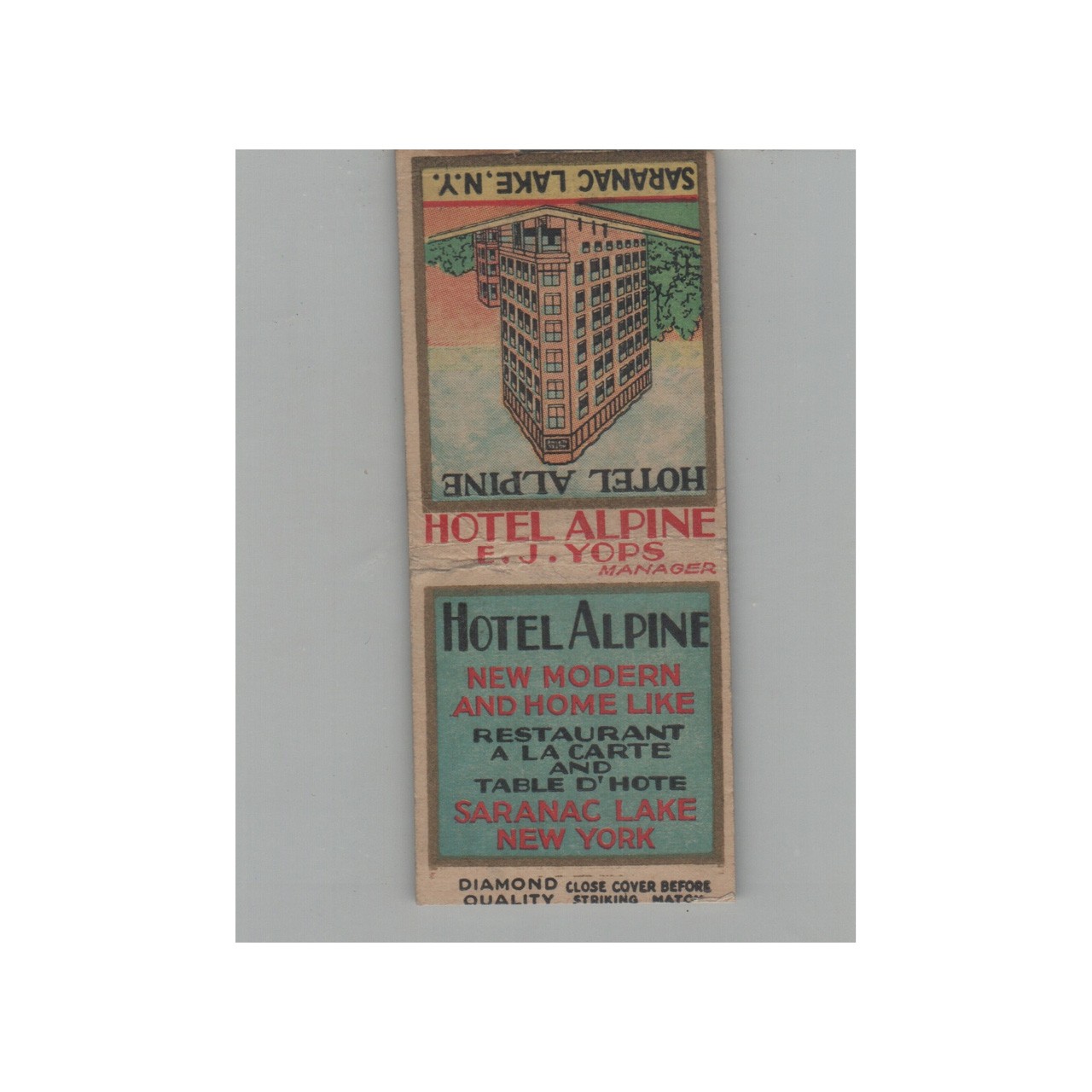 1930s Diamond Quality Matchbook Cover No Striker Hotel Alpine Saranac Lake NY