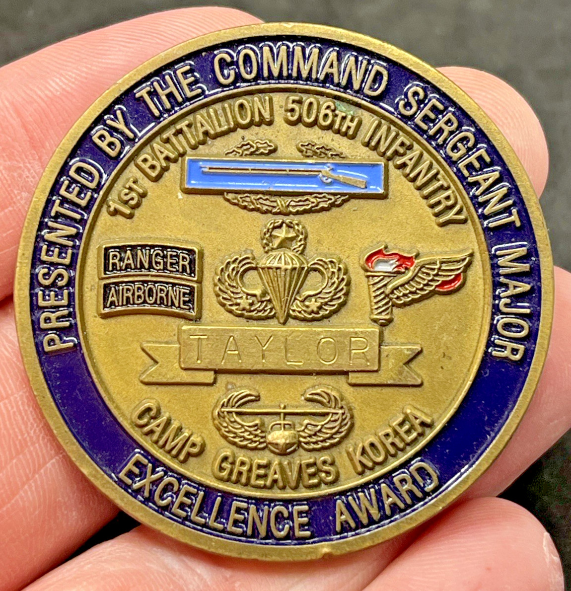 Challenge Coin 1ST BN 506TH INFANTRY-CAMP GREAVES KOREA  Engraved Read