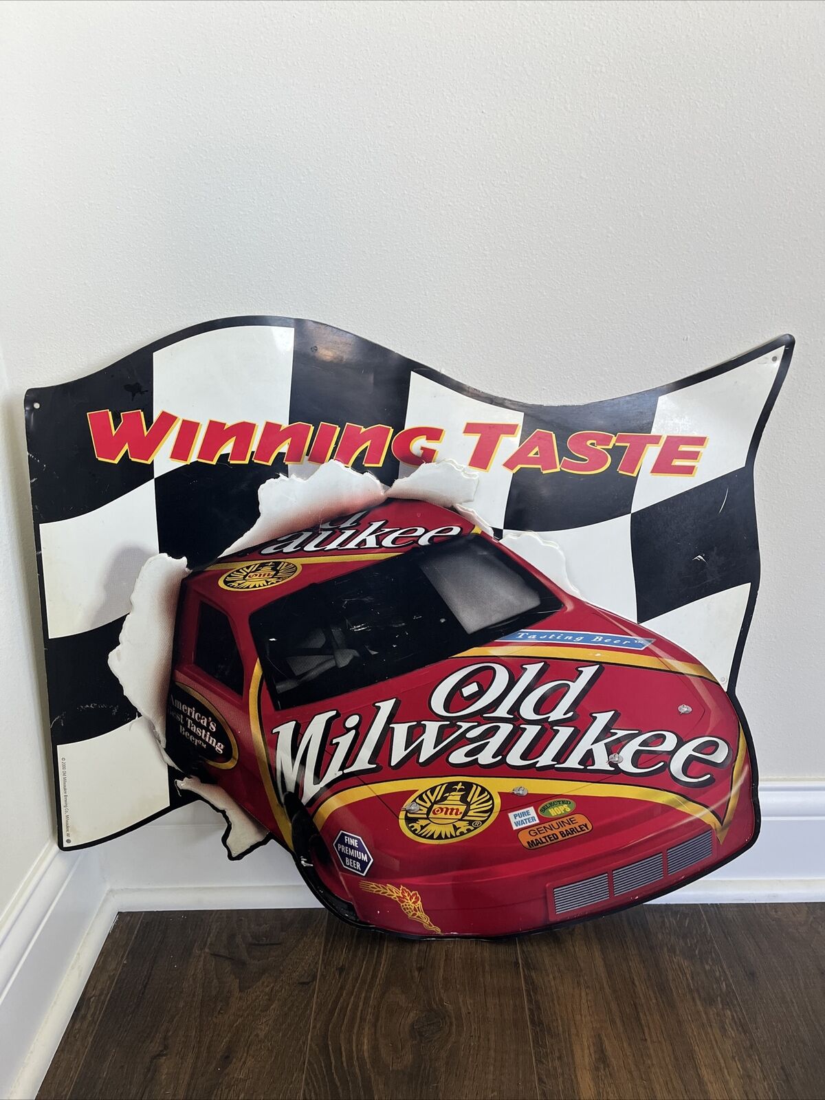 Old Milwaukee Beer Sign NASCAR Racing Checkered Flag Tin Metal Embossed 2000