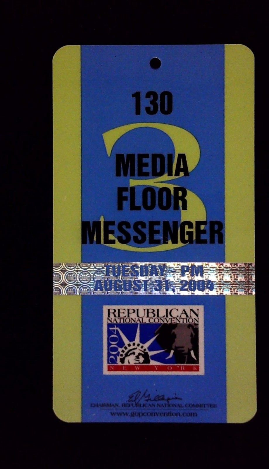 RNC New York Media Floor Pass Press Ticket Stub Official Access Badge 8/31/2004