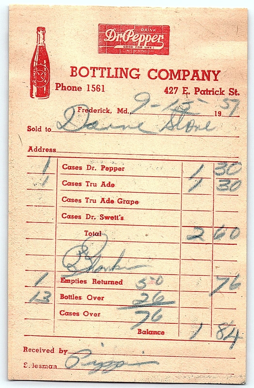 1939 Dr. Pepper Bottling Co. Frederick MD Billhead Receipt