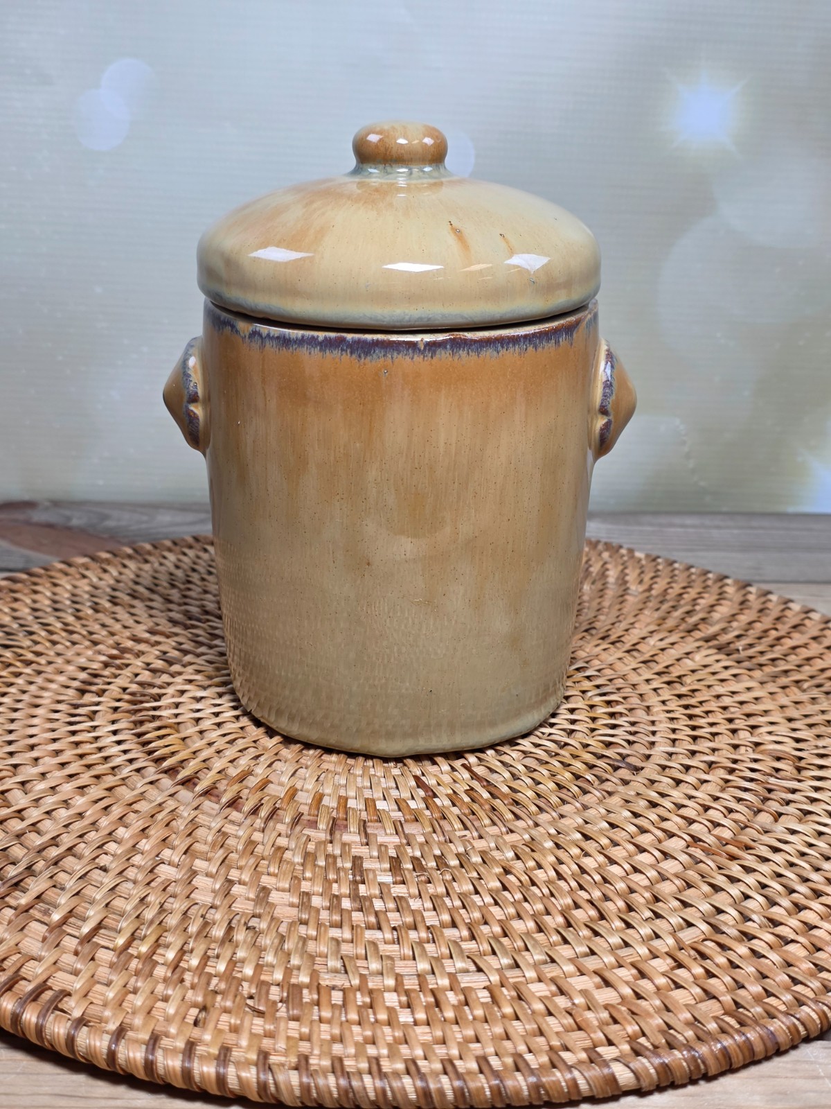 Vintage American Stoneware Bean Pot Covered Crock Bristol Glaze Lidded 2 Lug