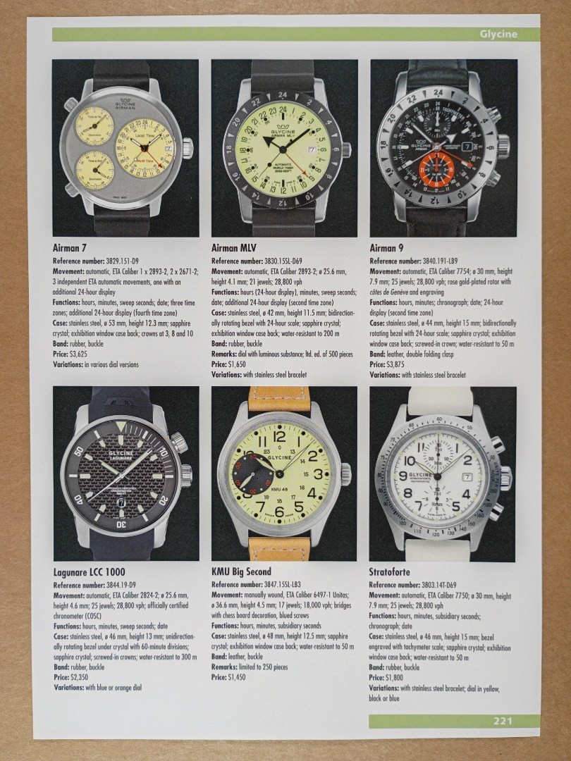 Glycine Watches specs prices photos 2006 catalog page