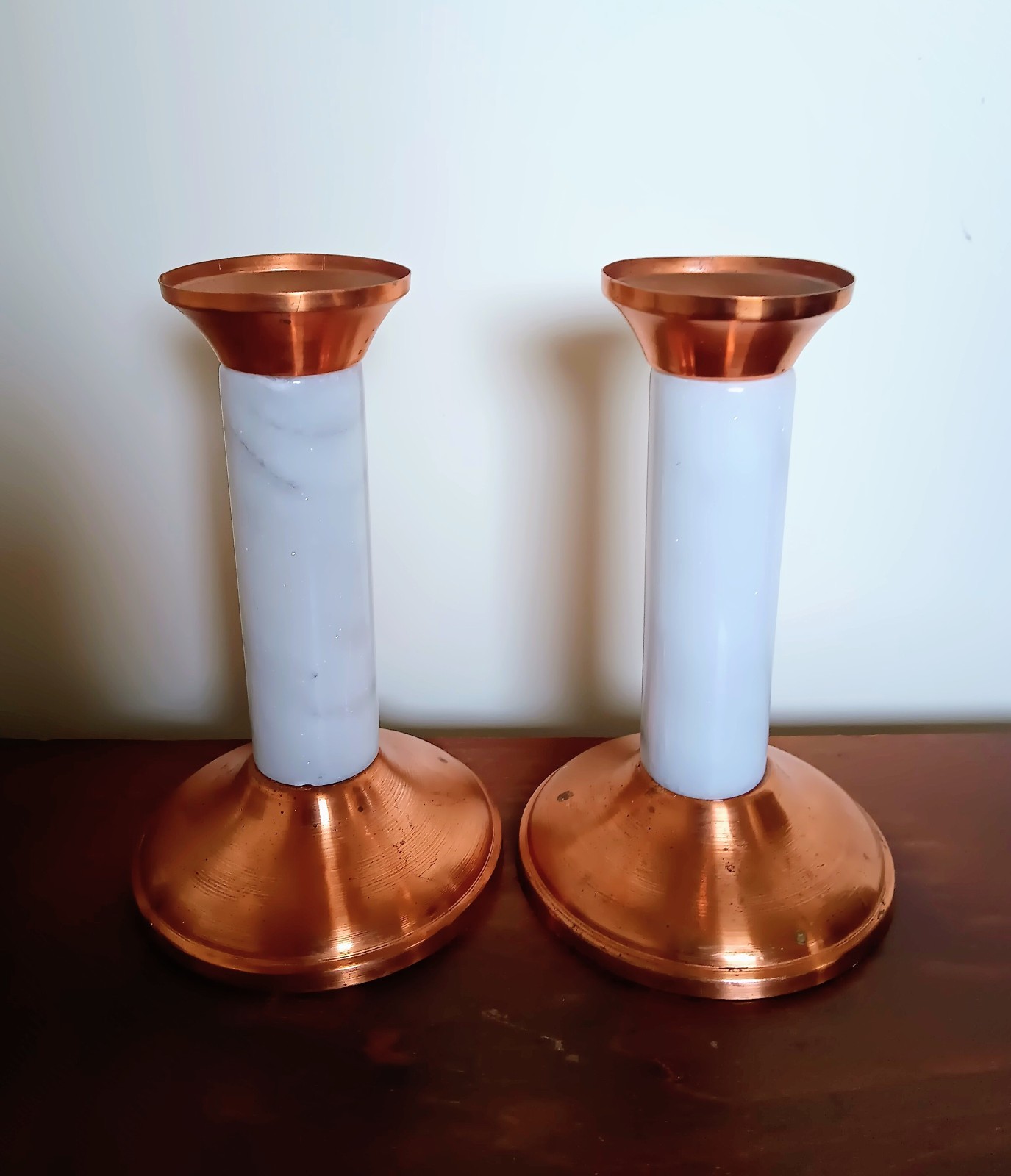 Pair Of Vtg Tayee Copper Candle Hilders Copper Base& Top W/marble Pillars 7.5\