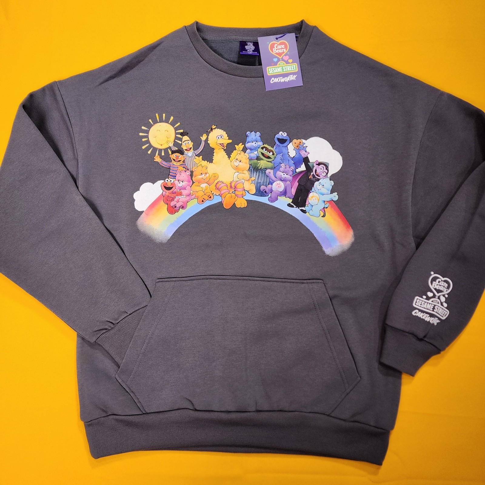 Cakeworthy Care Bears X Sesame Street Crewneck Sweatshirt Pull Over Grey M NEW