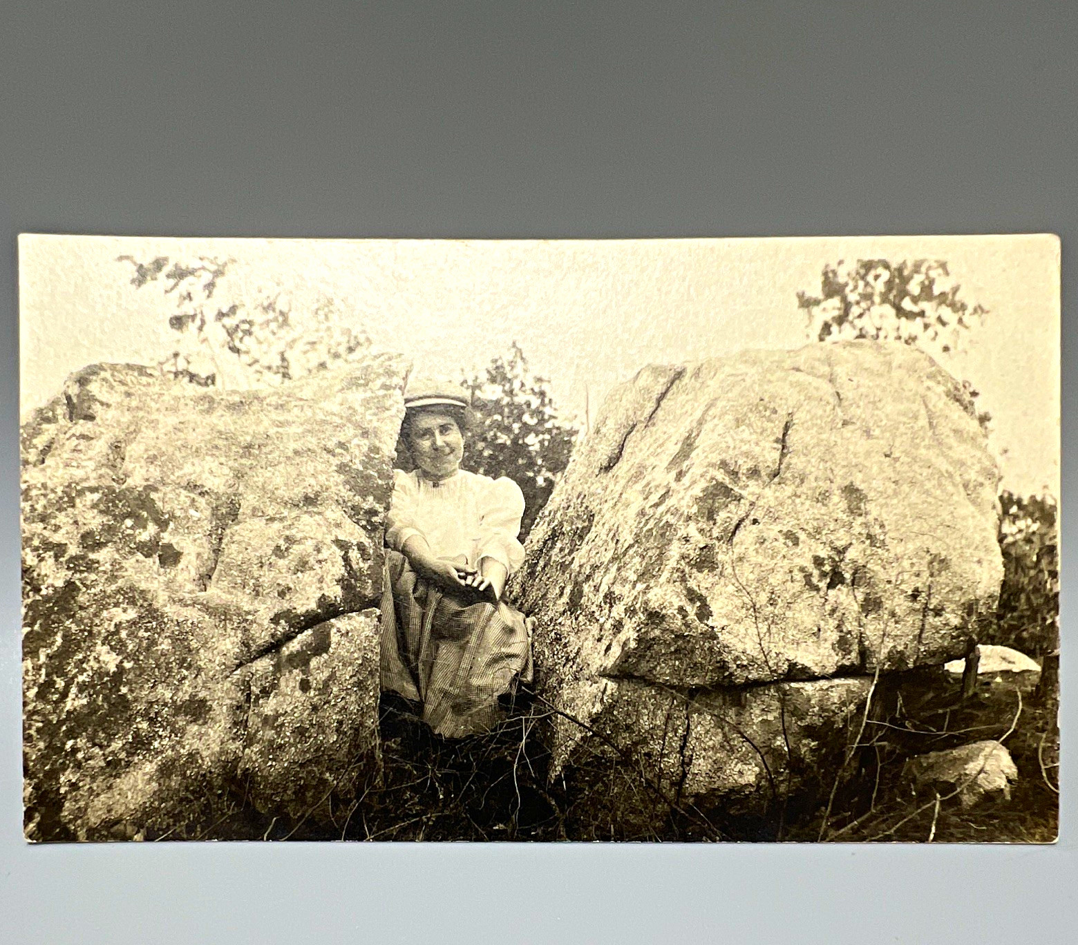 Antique RPPC Postcard Woman Posing Between Boulder Rock Formations Antique RPPC Postcard Woman Posing Between Boulder Rock Formations