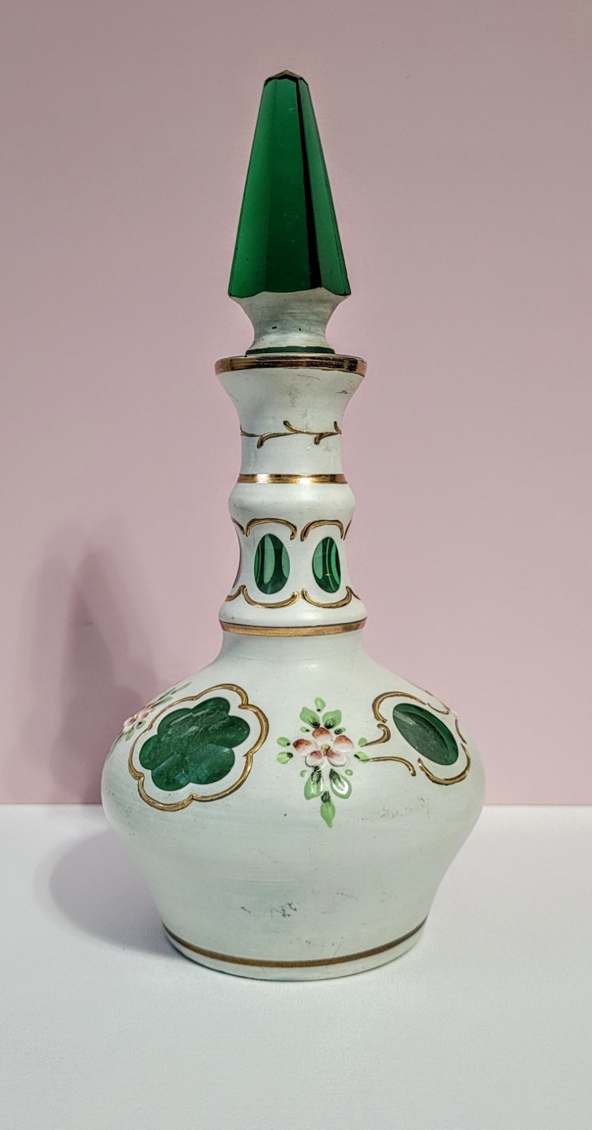 Vintage Czech Bohemian White Cased Cut to Green Glass Bottle -Handpainted 8\
