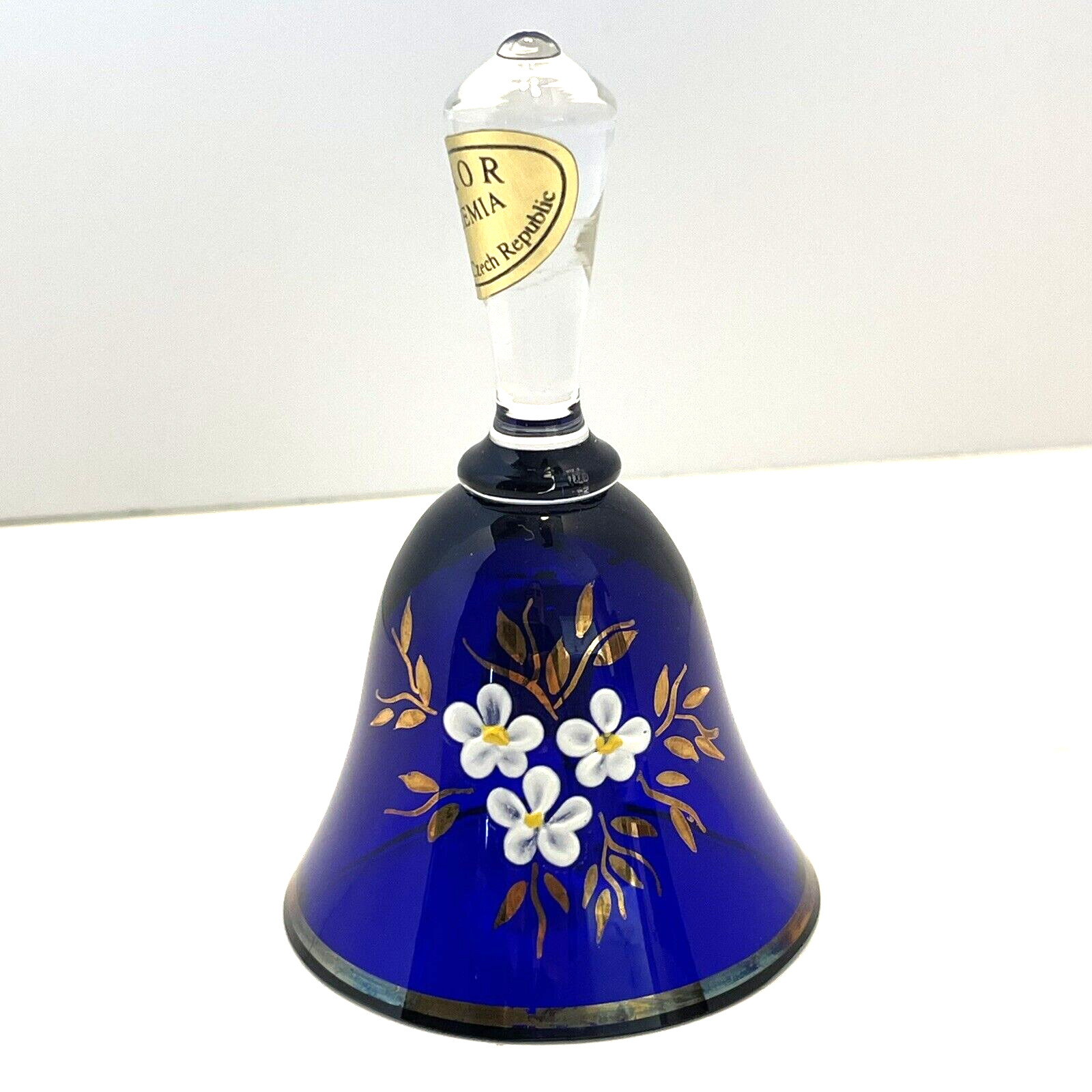 Luxor Bohemian Glass Bell Cobalt Blue Gold Hand Painted Flowers A. Ruckl & Sons
