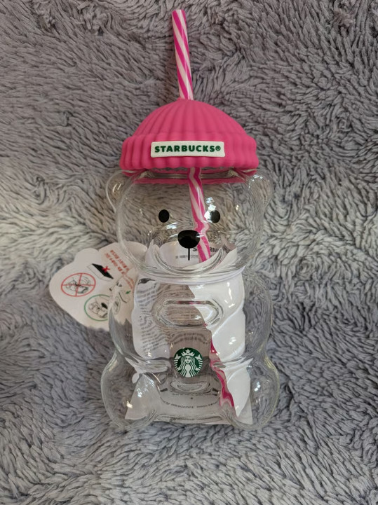 Starbucks Bearista Hot Pink Bear Glass Tumbler Cold Cup Straw 20oz NWT USA Gift
