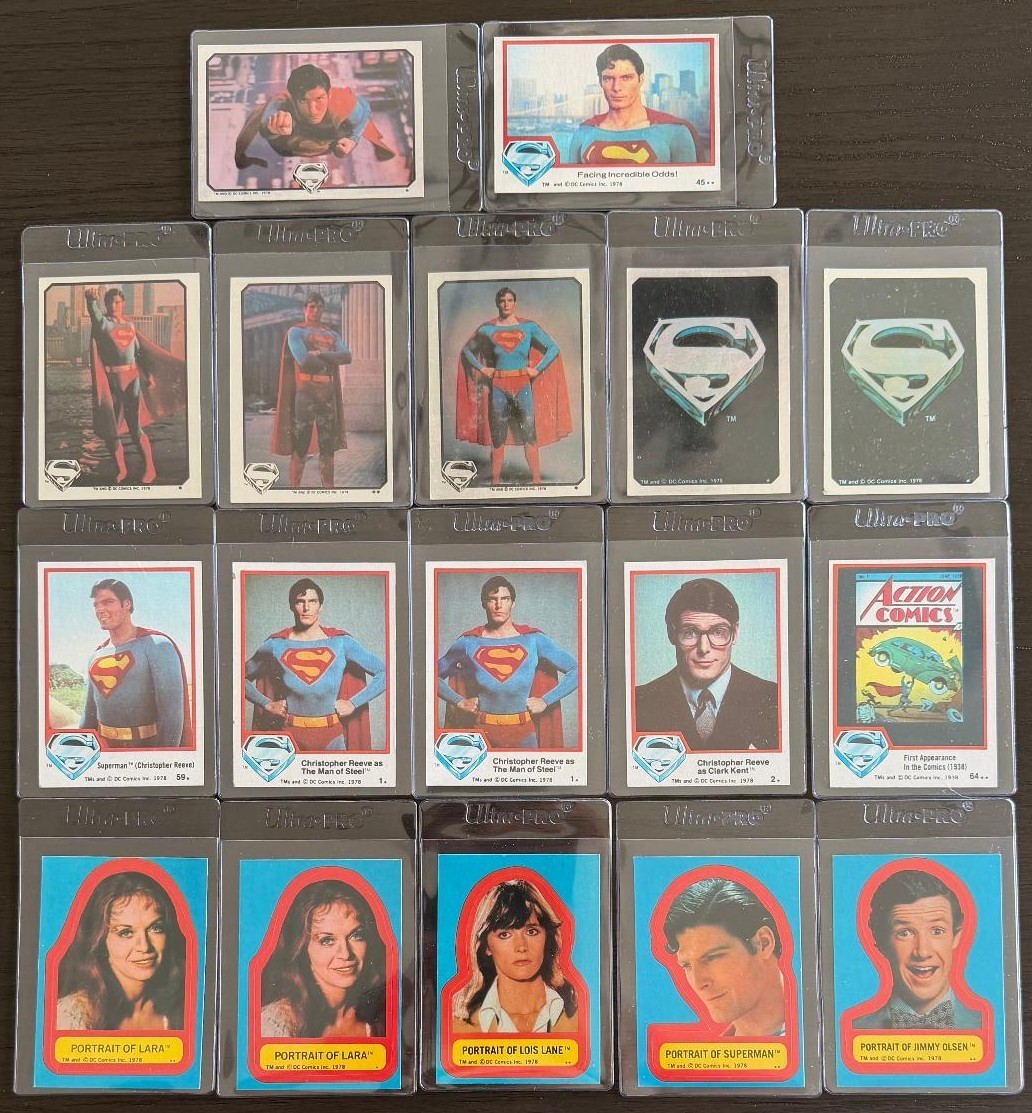 1978 TOPPS SUPERMAN STICKER CARD LOT #1 #2 #64 PORTRAIT OF SUPERMAN (LOW GRADE)