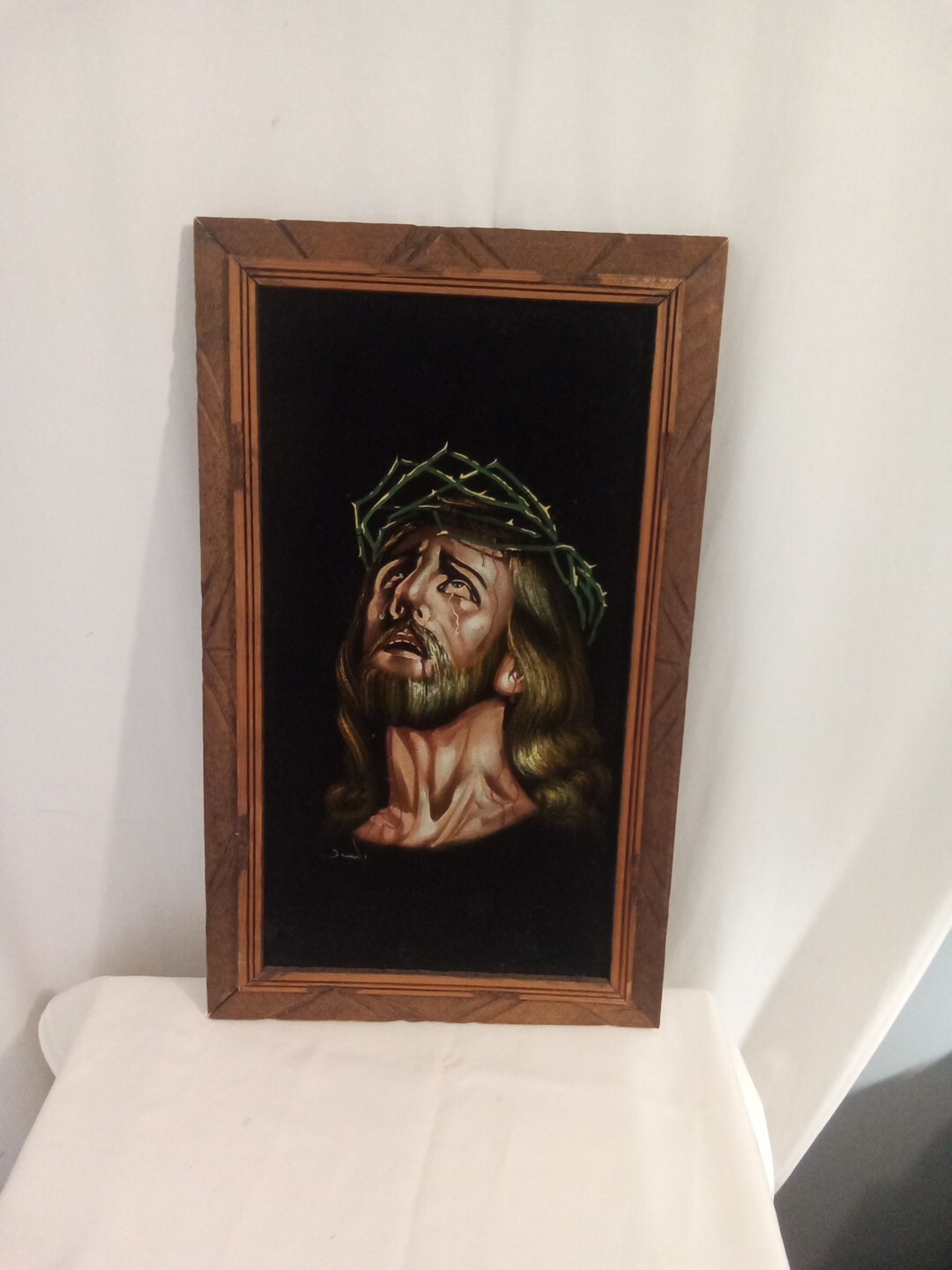 Vintage JESUS PRAYING Black Velvet Oil Painting, Signed, Framed , 23” X 14” 