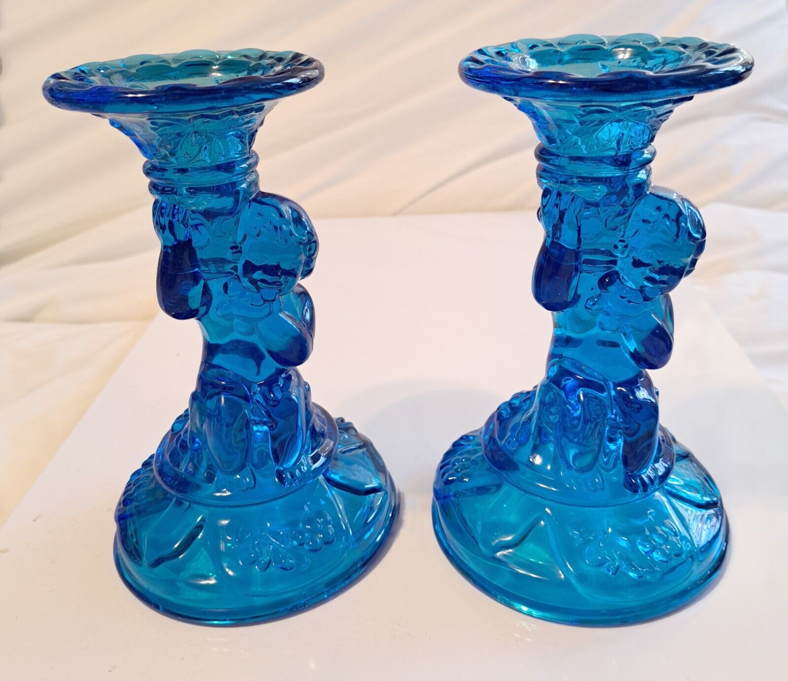 Aqua Blue 60’s Pressed Glass Cherub Candlesticks 7 1/4\
