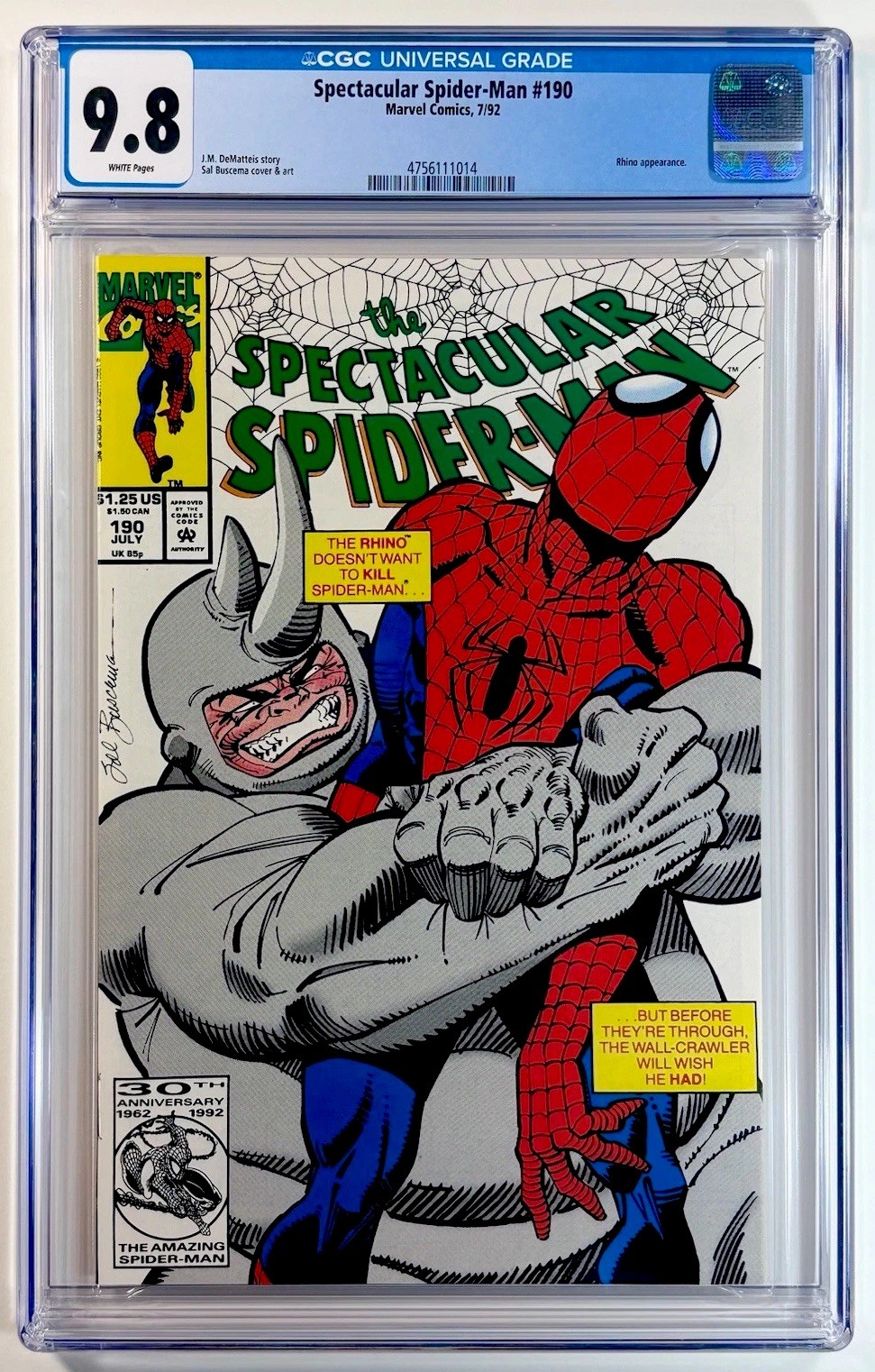 SPECTACULAR SPIDER-MAN #190~CGC 9.8 WP~Marvel, 1992~Sal Buscema~Rhino~Low Pop