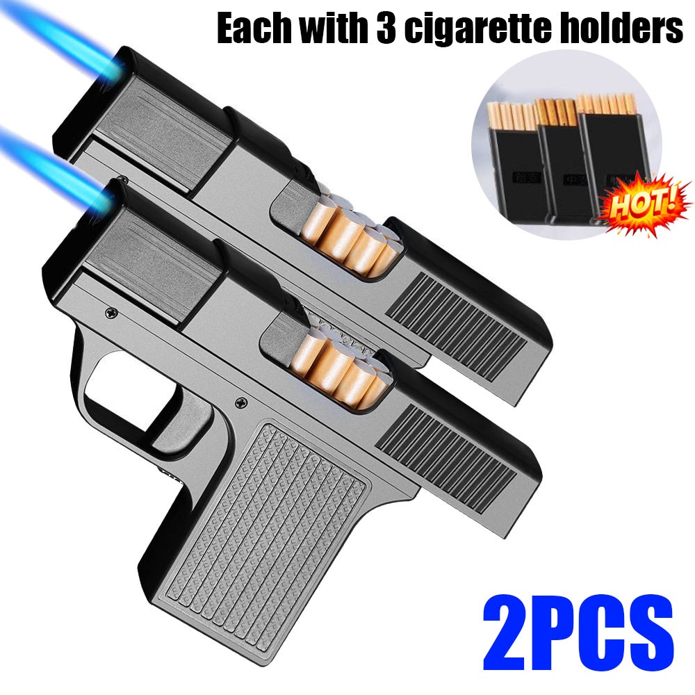 2pcs CIGARETTE STORAGE Jet Flame Lighter Gun/Pistol Cigar Case Butane Pipe BBQ