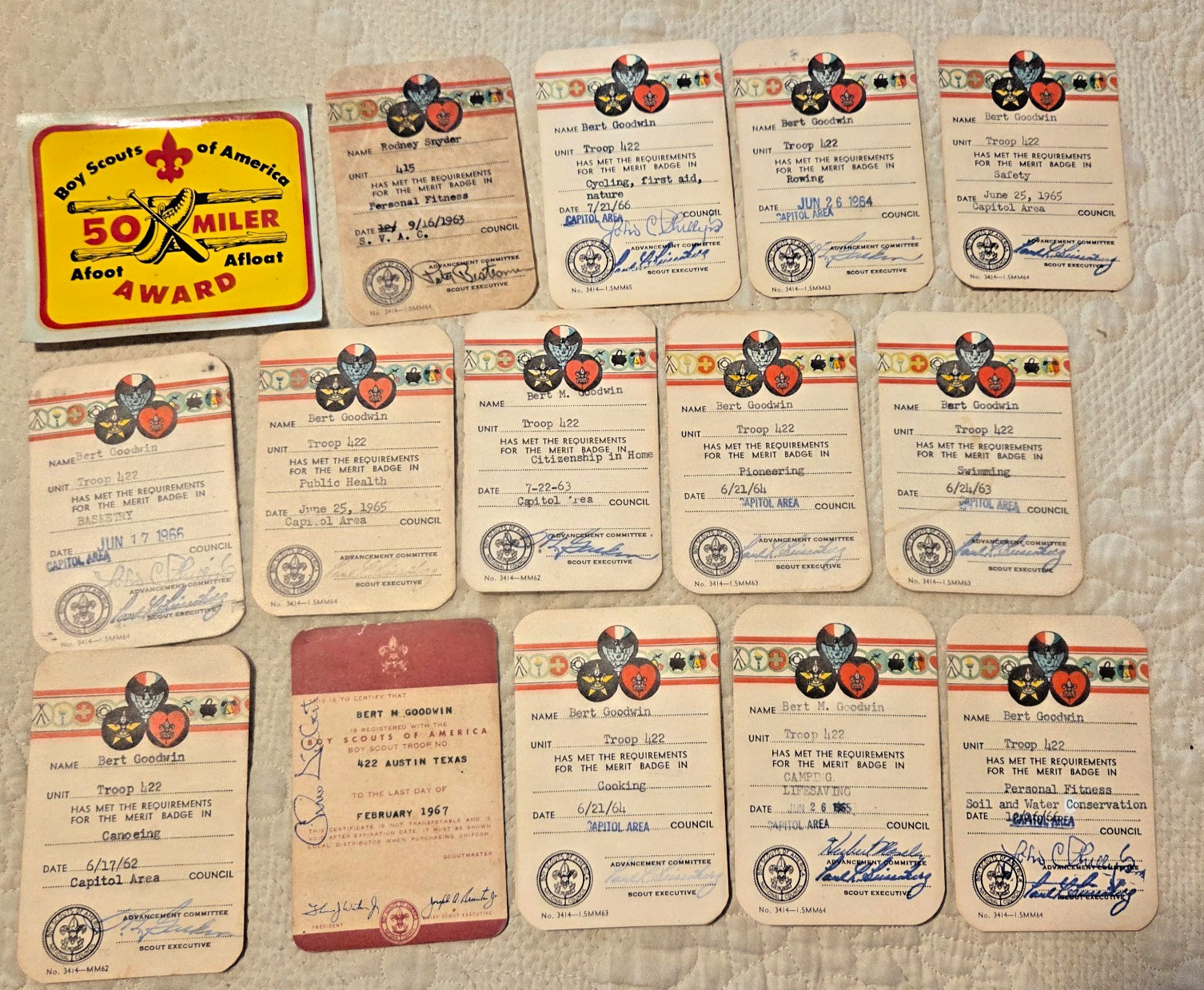 14 Vintage 1963 - 1966 Boy Scout Merit Badge Cards Capital Area AUSTIN + Decal