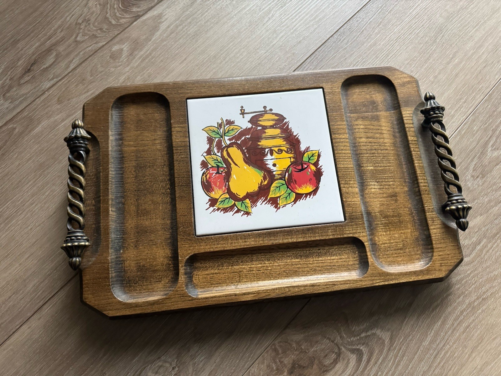 Vintage 70s Mid-Century Wooden Cheese Board Serving Tray with Brass Handles