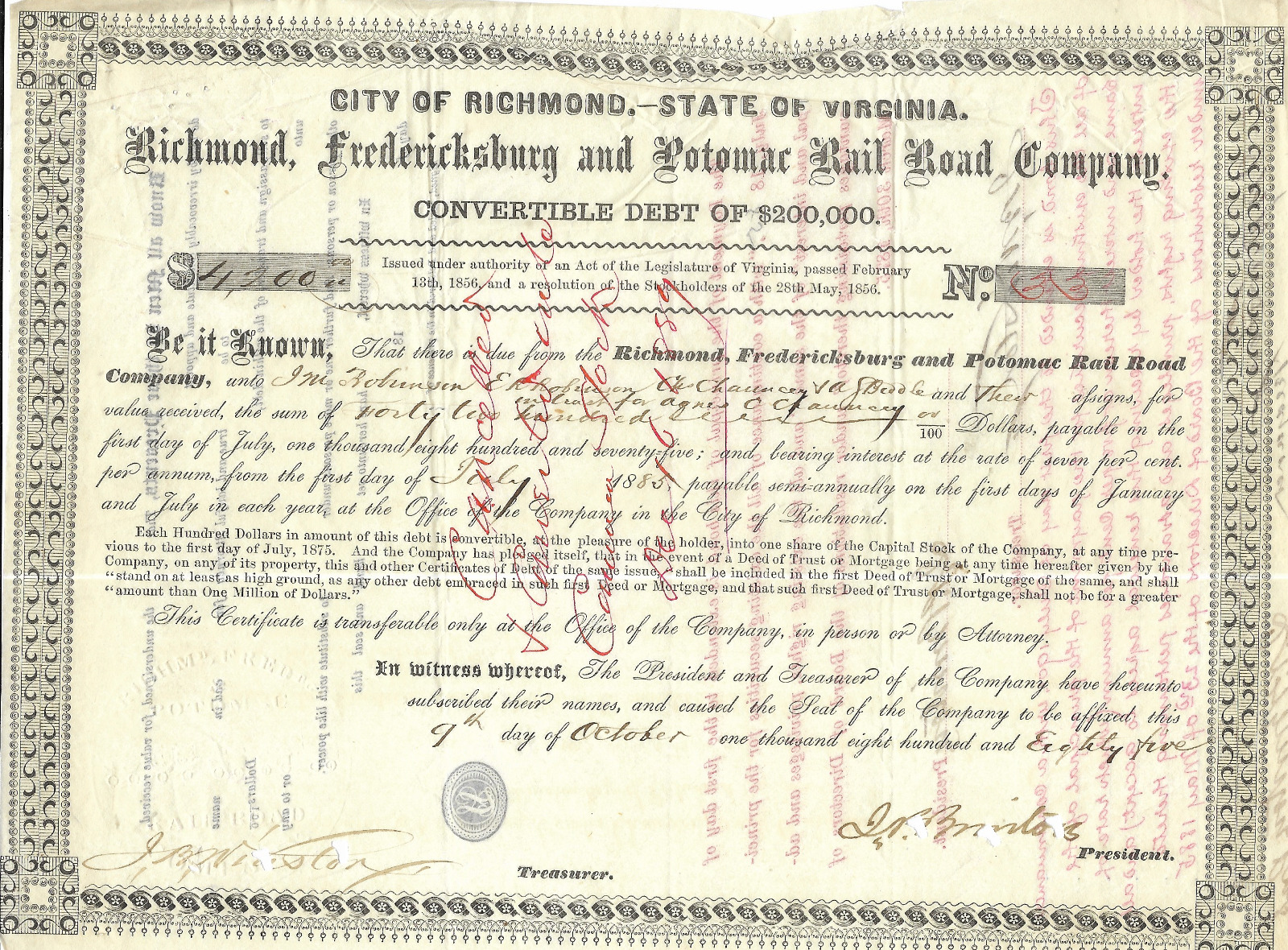1885 RICMOND, FEDERICKSBURG & POTOMAC RAILROAD CO, Stock Certificate  -- RARE