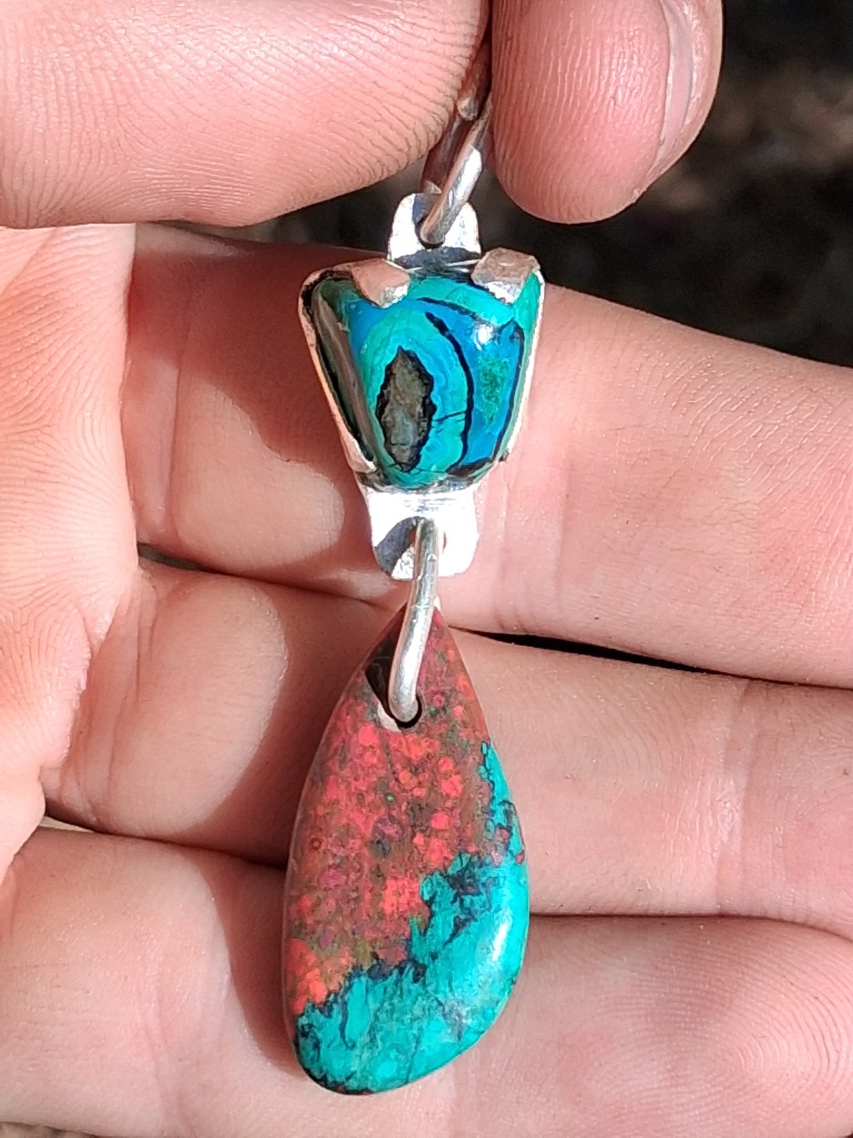 54 Carat Ray Mine Chrysocolla With Malchite, Quartz In Silver With Sonoran Sunri