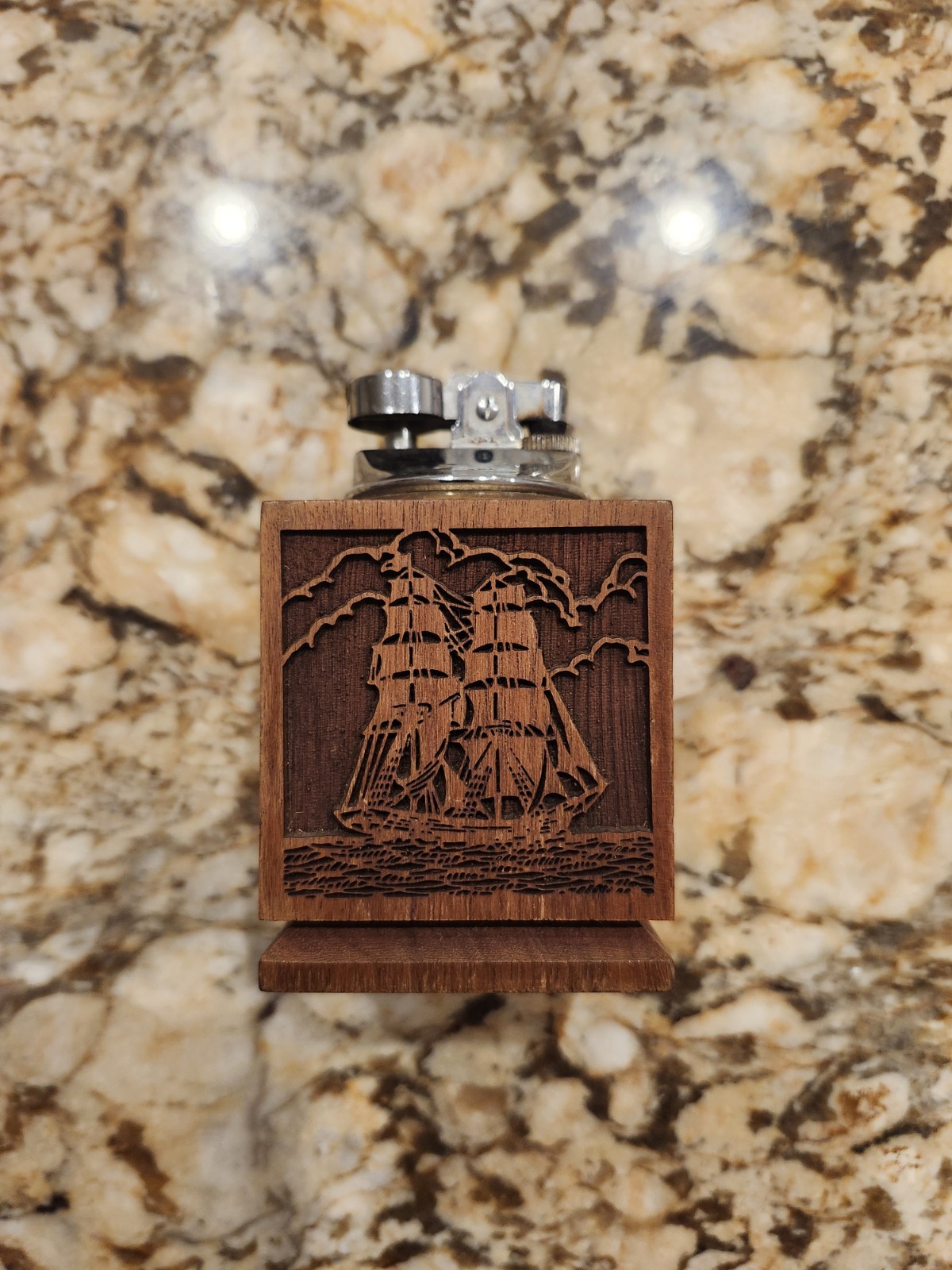 VTG Table Lighter Lasercraft Laser Engraved Ship Wooden Cube Walnut Made In USA