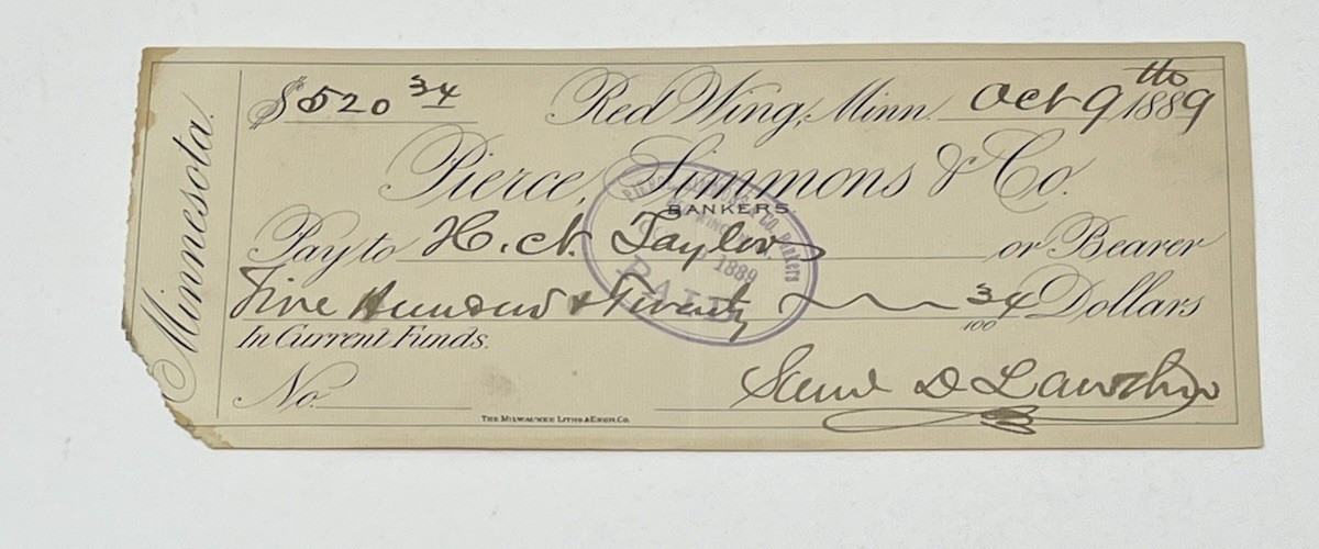 1889 Pierce Simmons & Co Red Wing MN Bank Check James Lawther 1889 Pierce Simmons & Co Red Wing MN Bank Check James Lawther