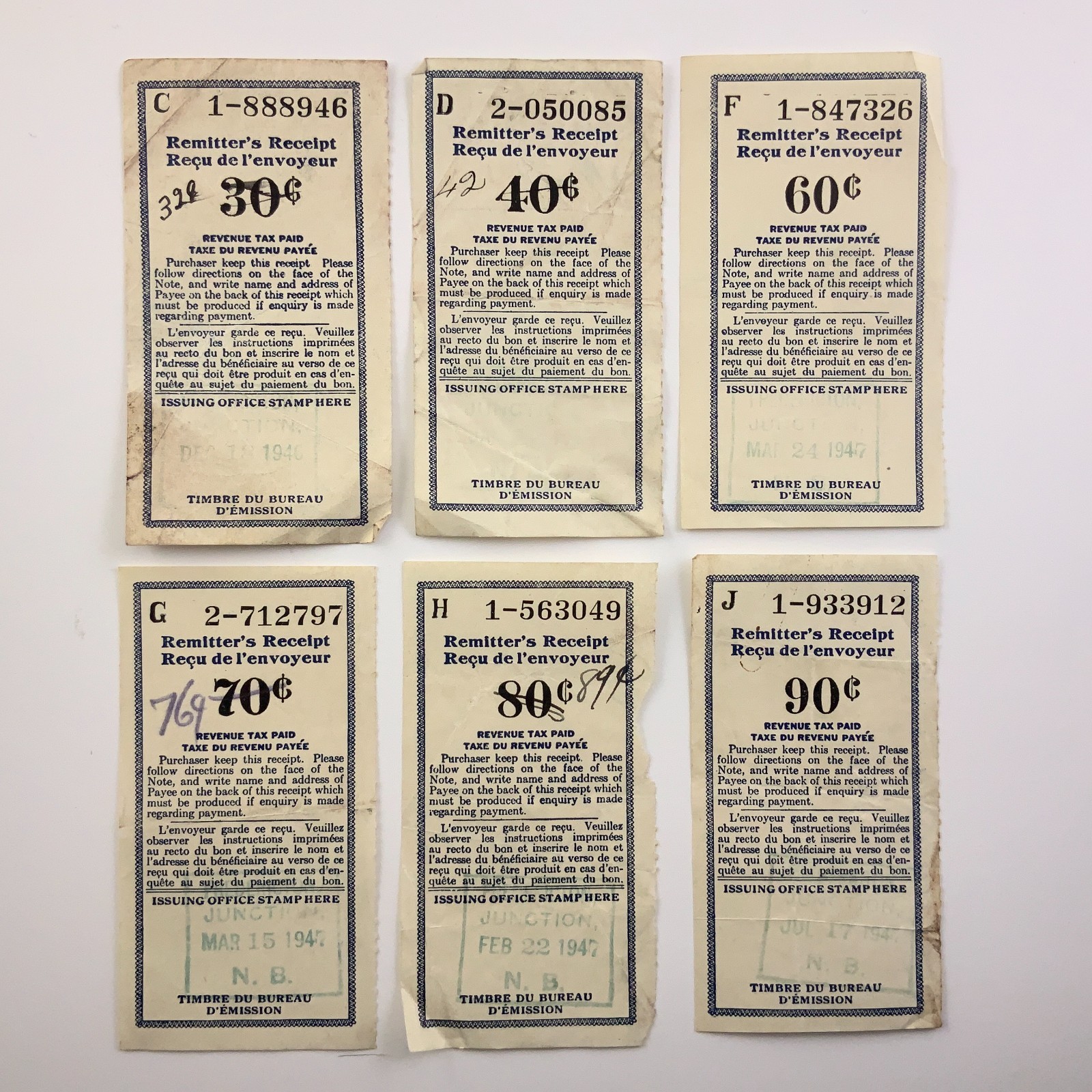 Vintage Canadian Remitter\'s Receipt Revenue Tax Paid Junction 1947 KK154 Vintage Canadian Remitter\'s Receipt Revenue Tax Paid Junction 1947 KK154