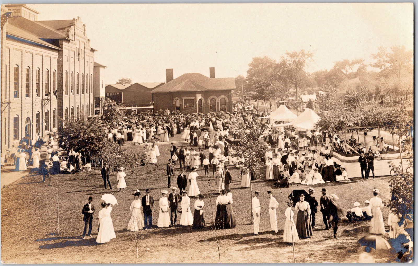 Antique RPPC Postcard 1910s Factory Mill Workers Town Parade Crowd Gathering AZO