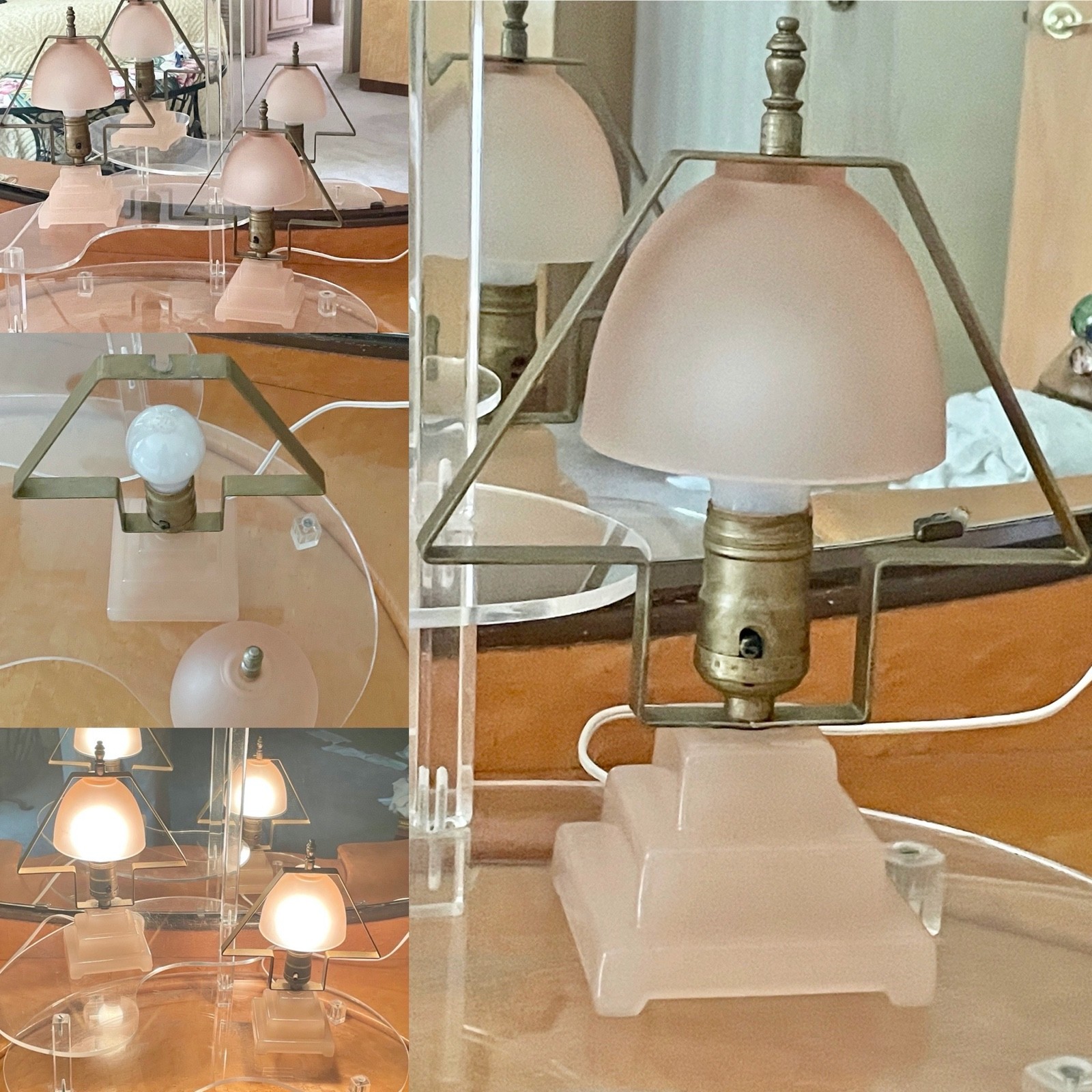 2 Vtg 1930's ART DECO Houze Glass STEPPED DESIGN Pink Boudoir/Bedroom Lamps 2 Vtg 1930's ART DECO Houze Glass STEPPED DESIGN Pink Boudoir/Bedroom Lamps