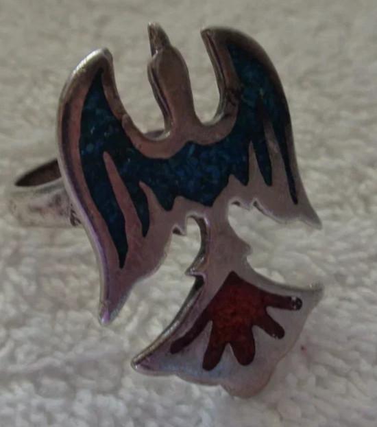 NICE Authentic Native American Thunderbird .925 Sterling Silver Coral+ Ring L@@K