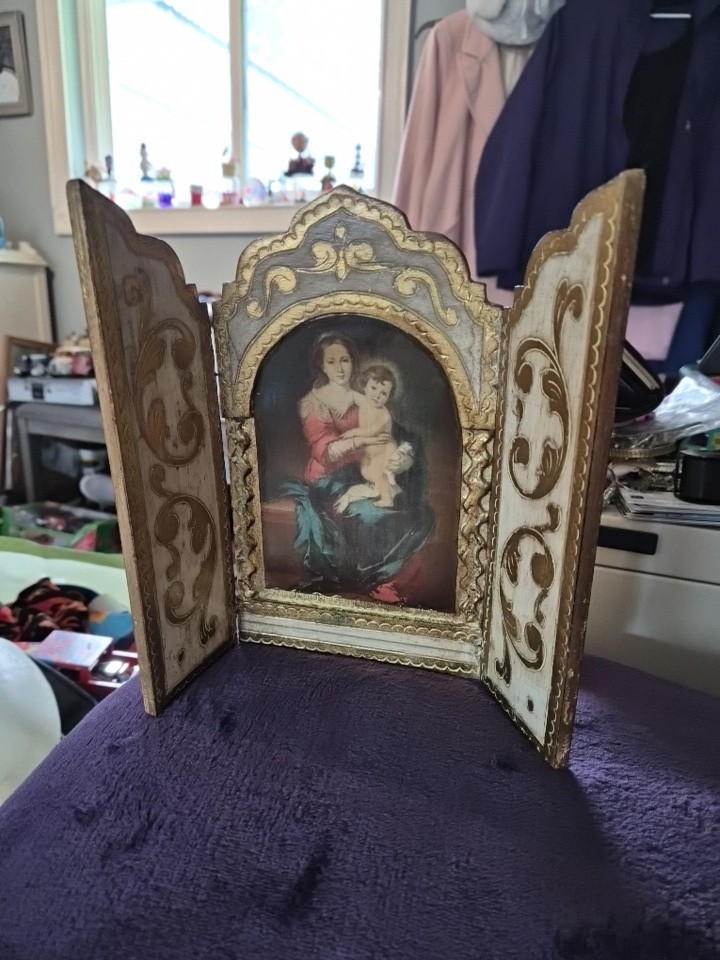 Florentine Gilt Triptych Icon Vintage Central Print Of Madonna And The Child