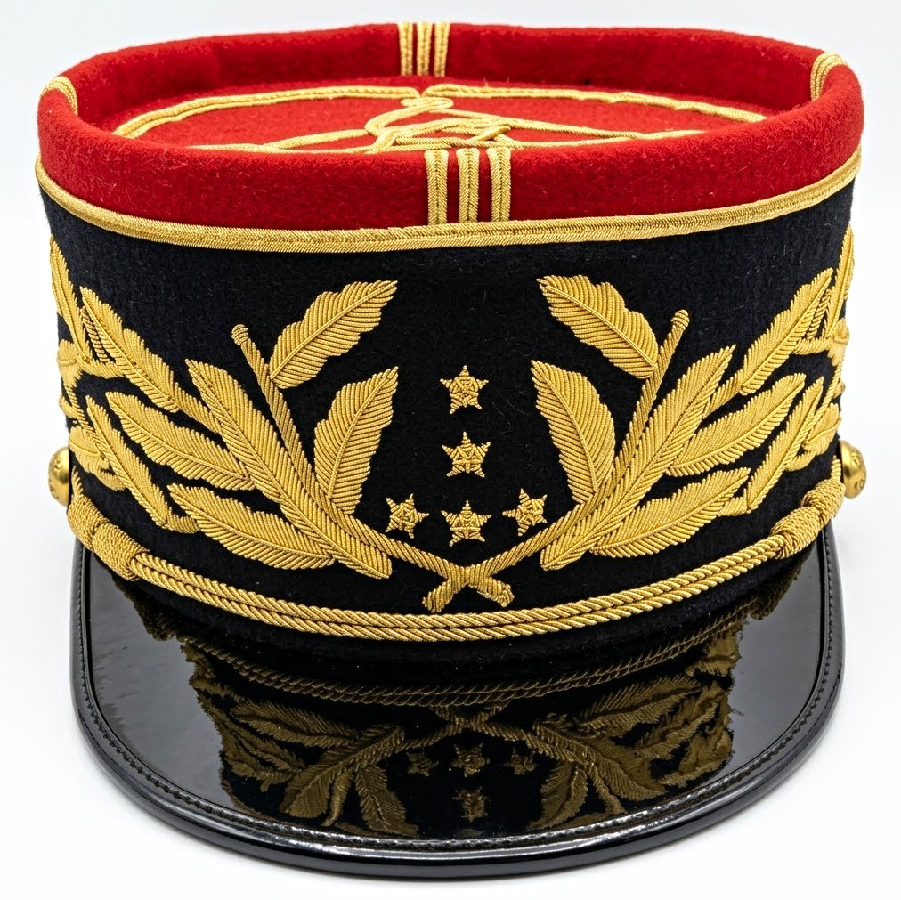 French Style Military General Kepi Hat Gold Bullion Embroidery Red Black Cap