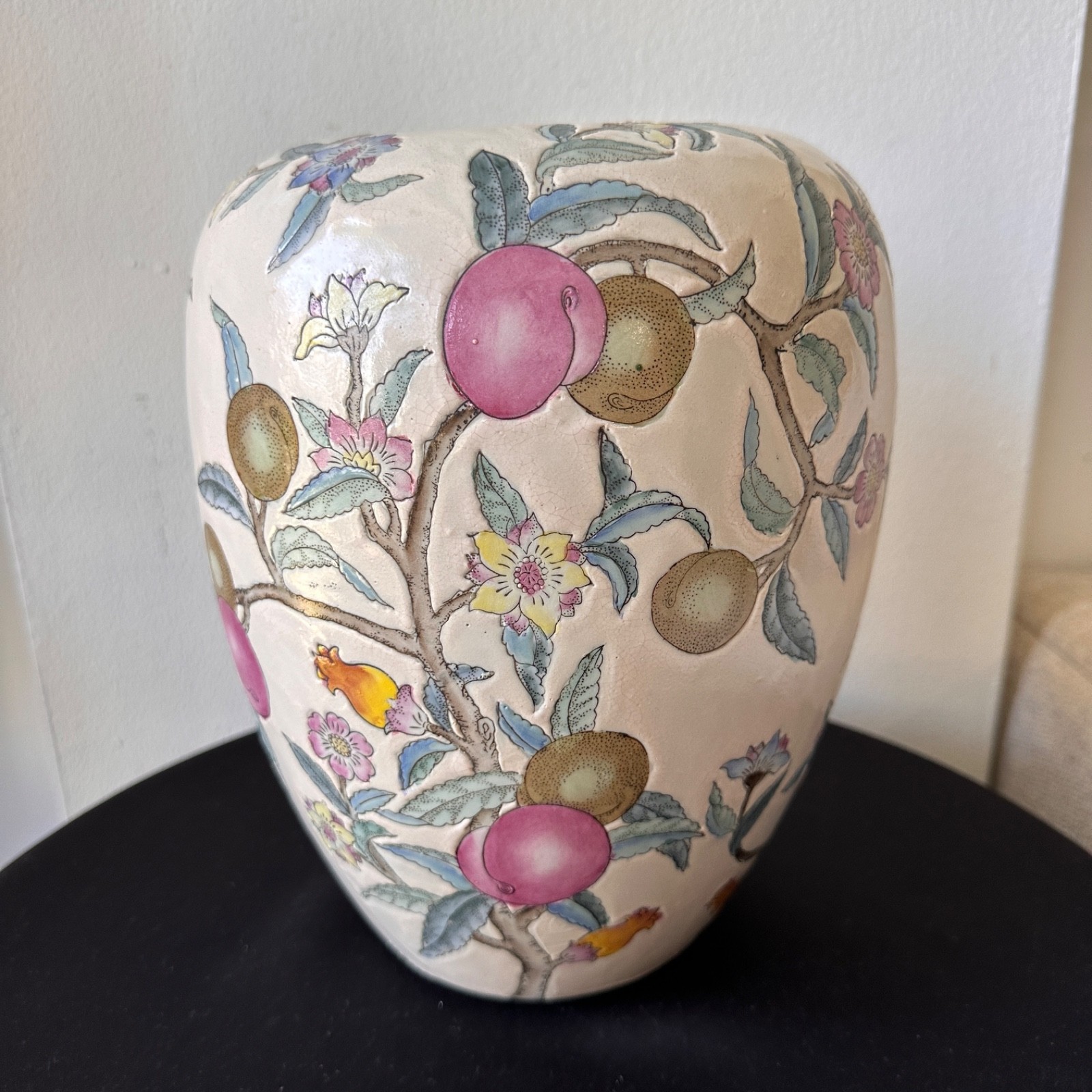 Vintage WBI Chinoiserie Porcelain Plum Blossom Fruit Floral Vase 10.5