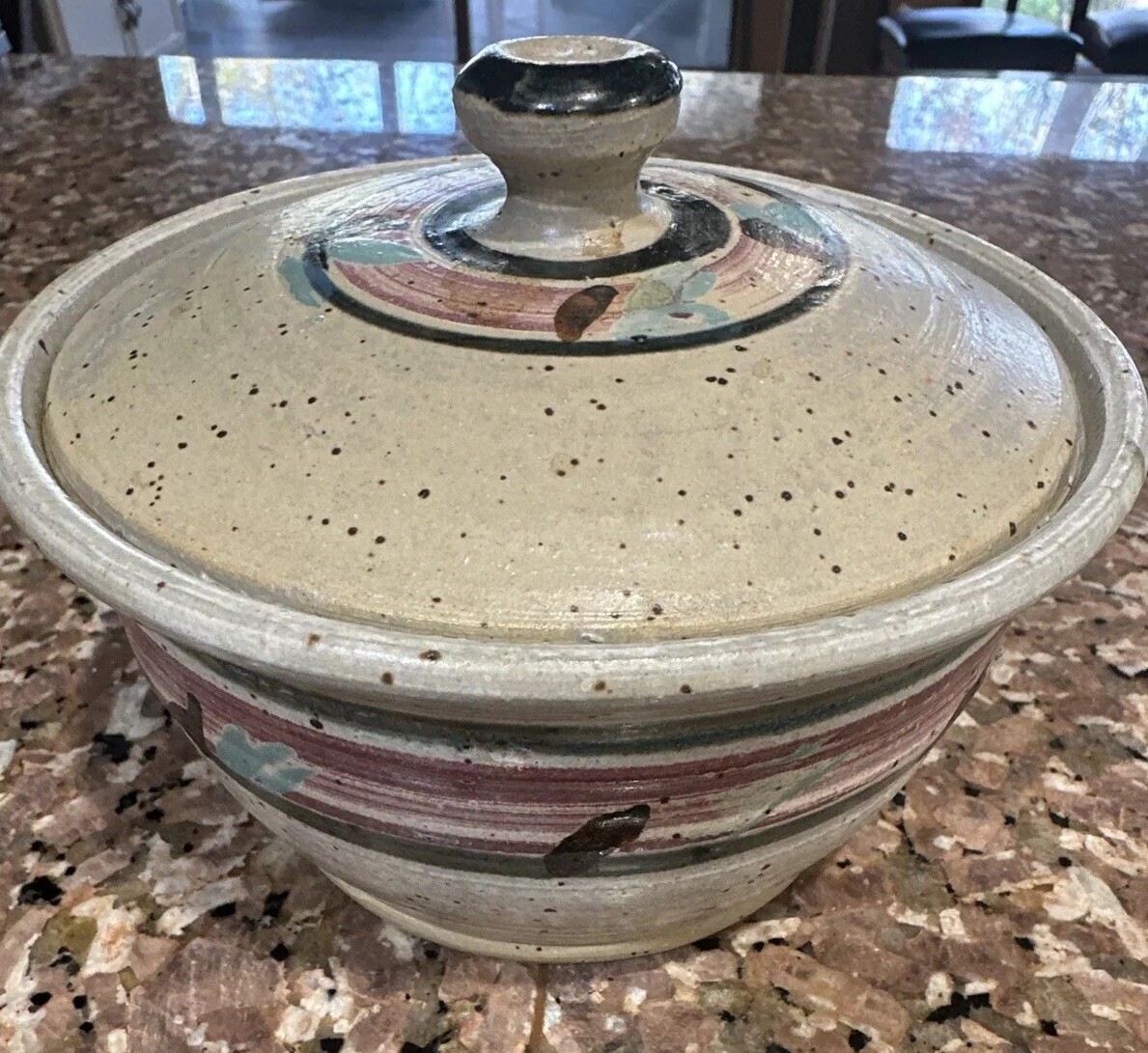 Dakota Stoneware Dish Crock Casserole W/Lid Blue Beige Pink Pottery Stamped EUC