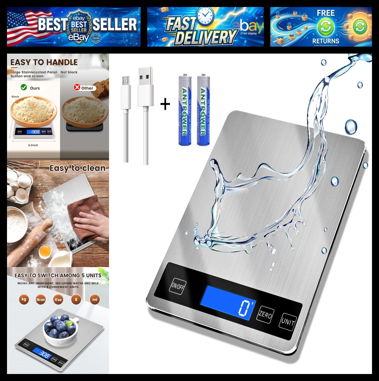 33lb Food Scale, Digital Kitchen Scale Batteries and USB Charging,1g/0.05oz Prec