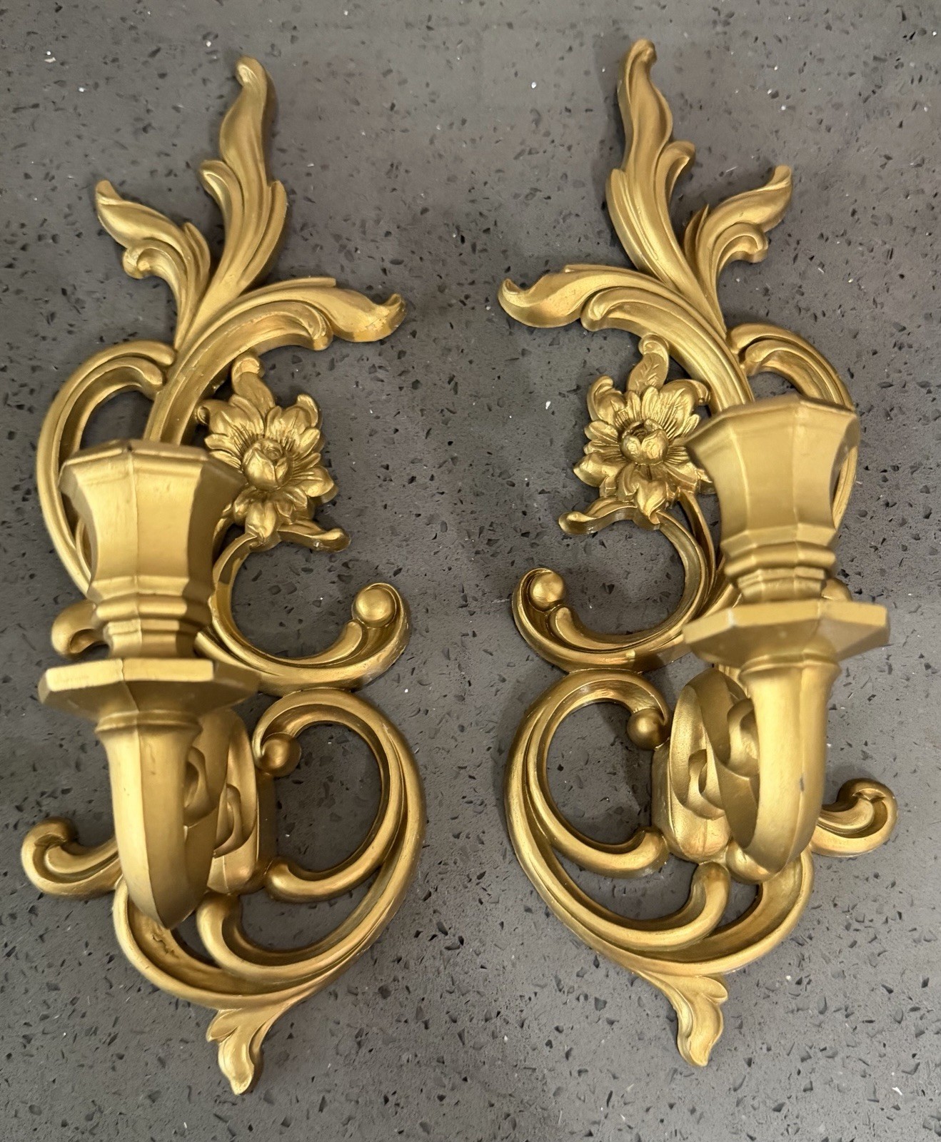 VTG Syroco Set of 2 Gold Floral Scroll Wall Candle Sconces Hollywood Regency 14”