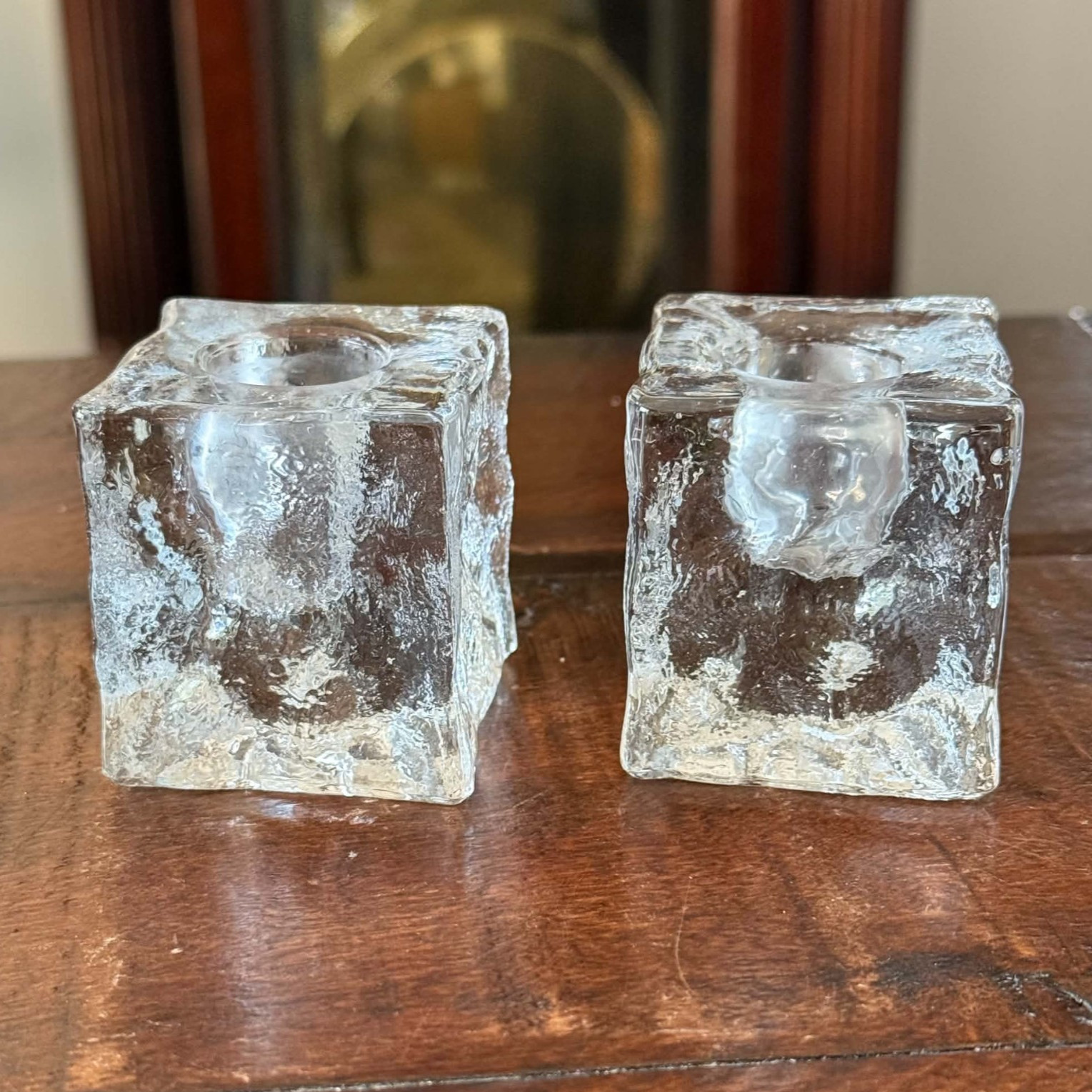 Vintage Clear Glass Ice Cube Candle Holders Pair MCM Blenko Style Taper Blocks
