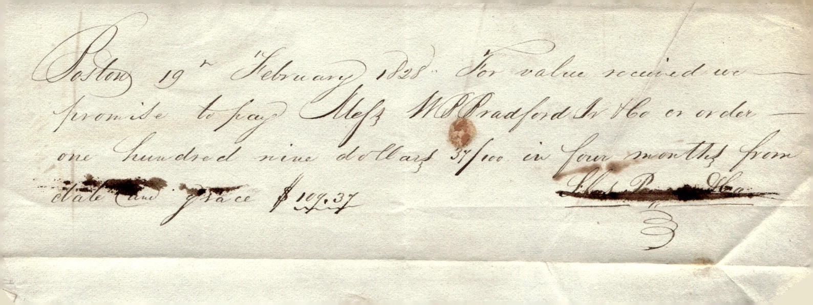 1828 Boston MA W.B. Bradford Jr & Co Handwritten Promissory Note Financial 1828 Boston MA W.B. Bradford Jr & Co Handwritten Promissory Note Financial