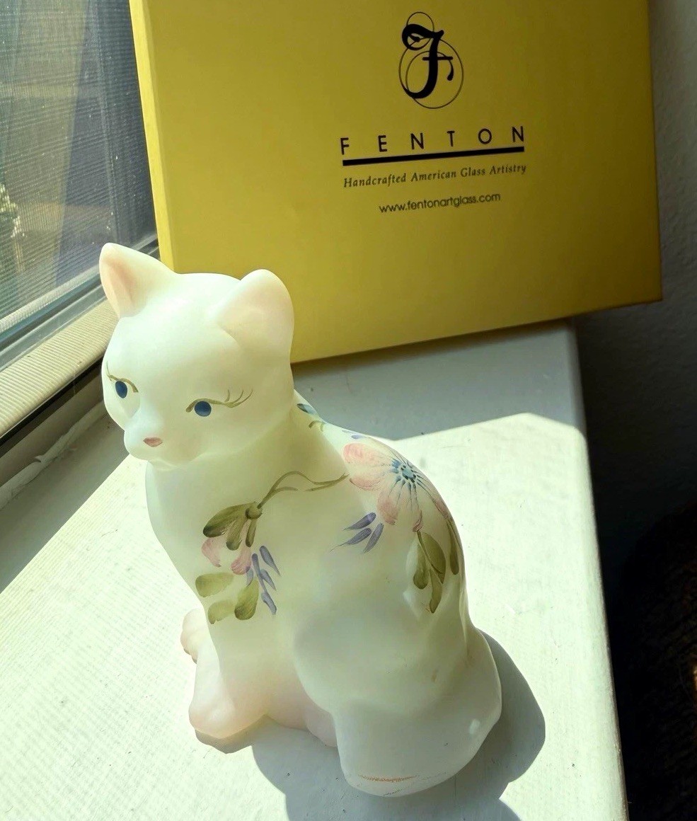 Glass Cat signed by FENTON Family Satin White Glass Figure