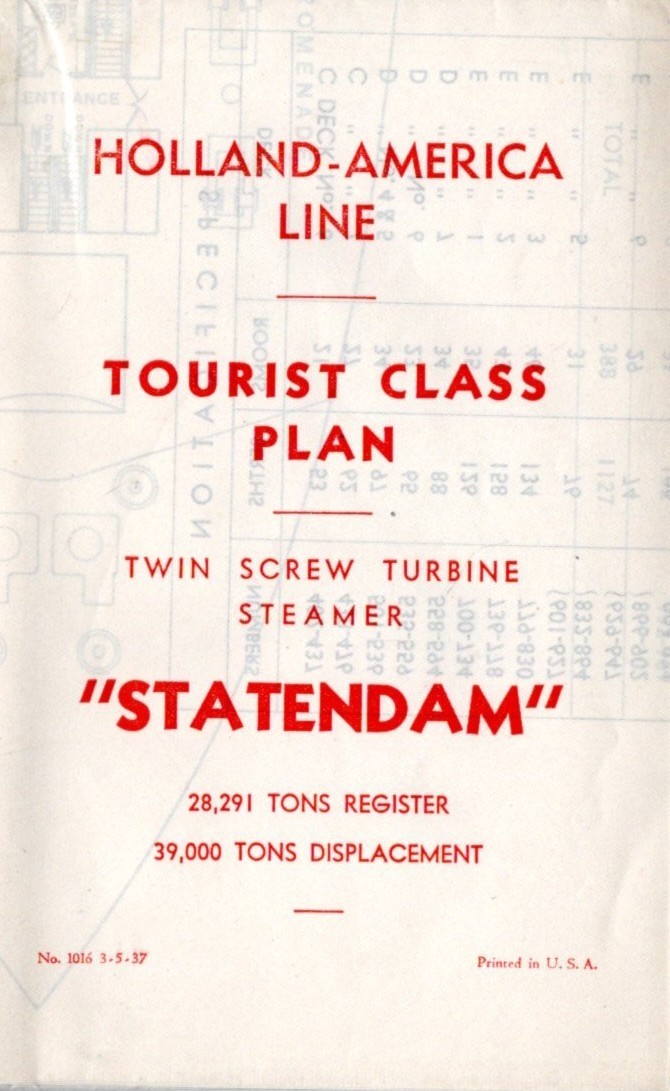 1937 Holland America STATENDAM Tourist Class Deck Plan w/ Interiors- Burned 1940