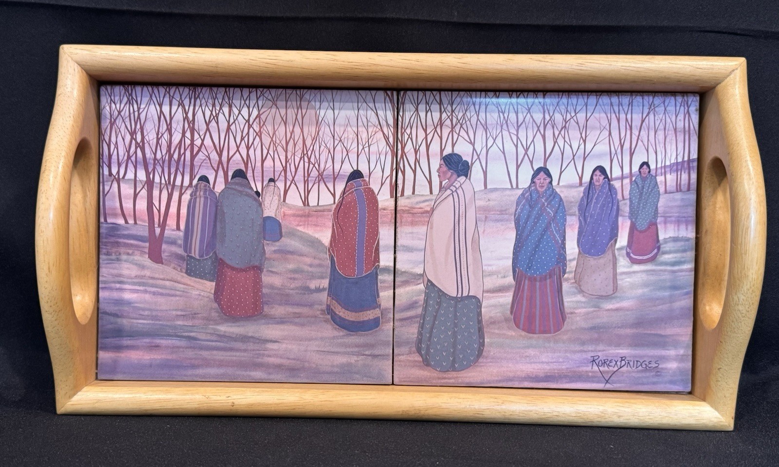 Native Am Art Jeanne Rorex Bridges Beside the Water Tiles Tray Cherokee Signed