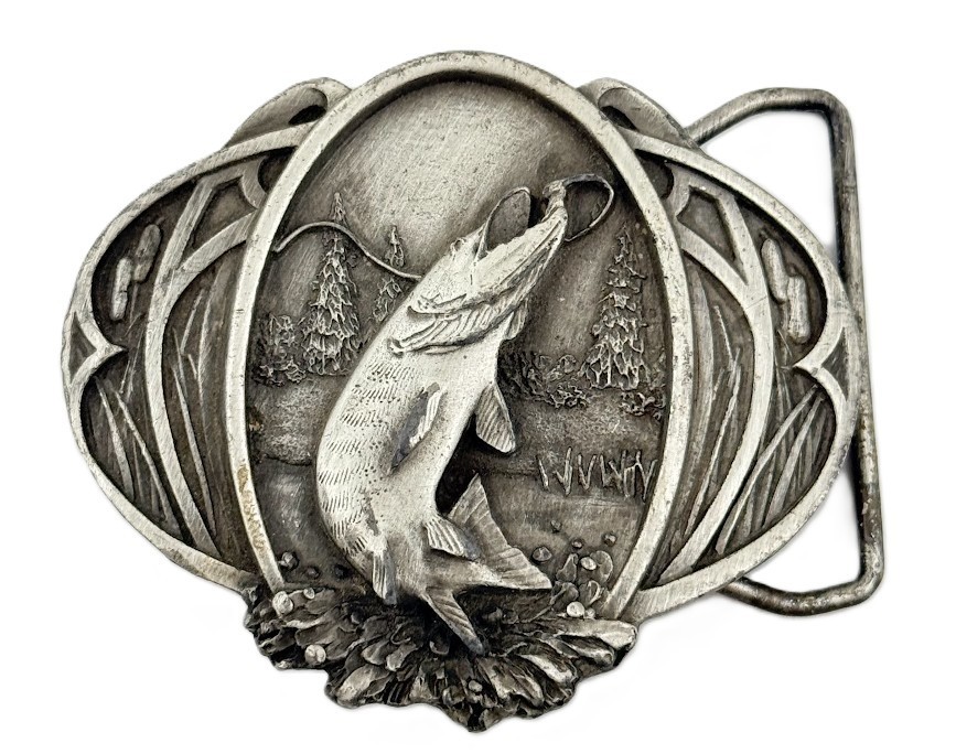 Vintage Bergamot Pewter Fishing Belt Buckle Largemouth Bass Fish Fisherman