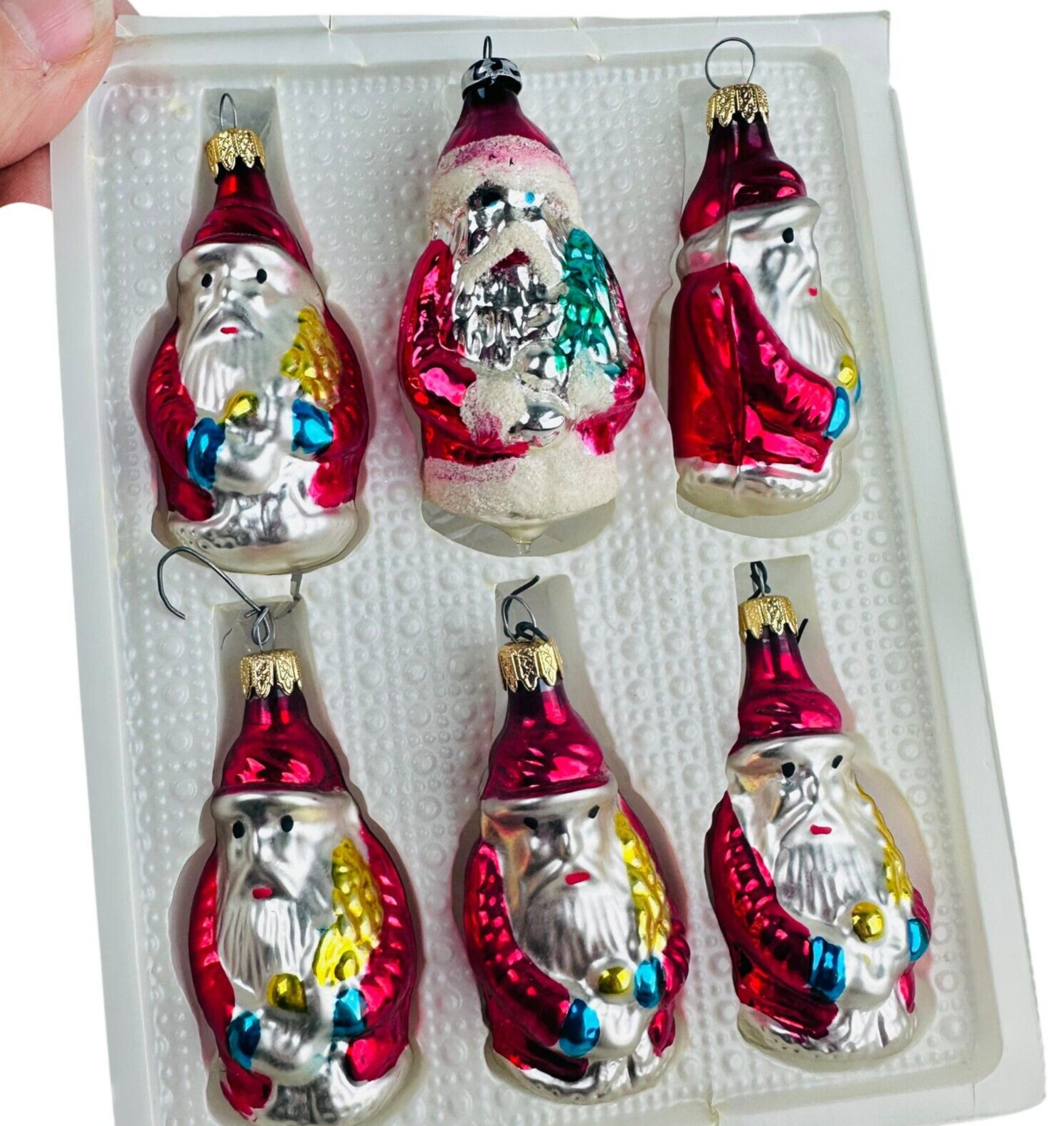 6 vtg Mercury glass Santa's Ornaments 60s Made in Columbia