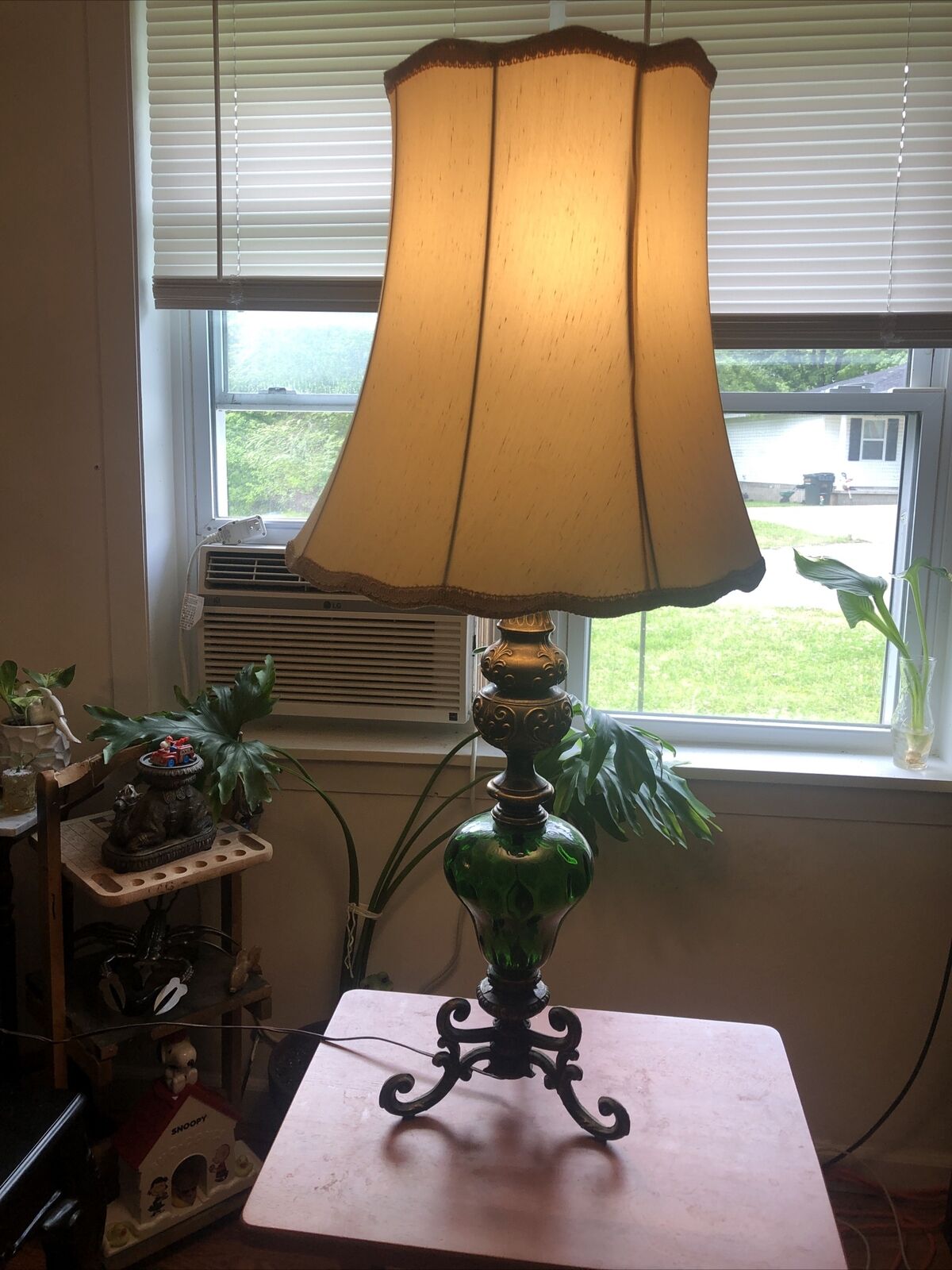 Vintage Mid Century STUNNING 35” Textured Brass & Green Glass Table Lamp