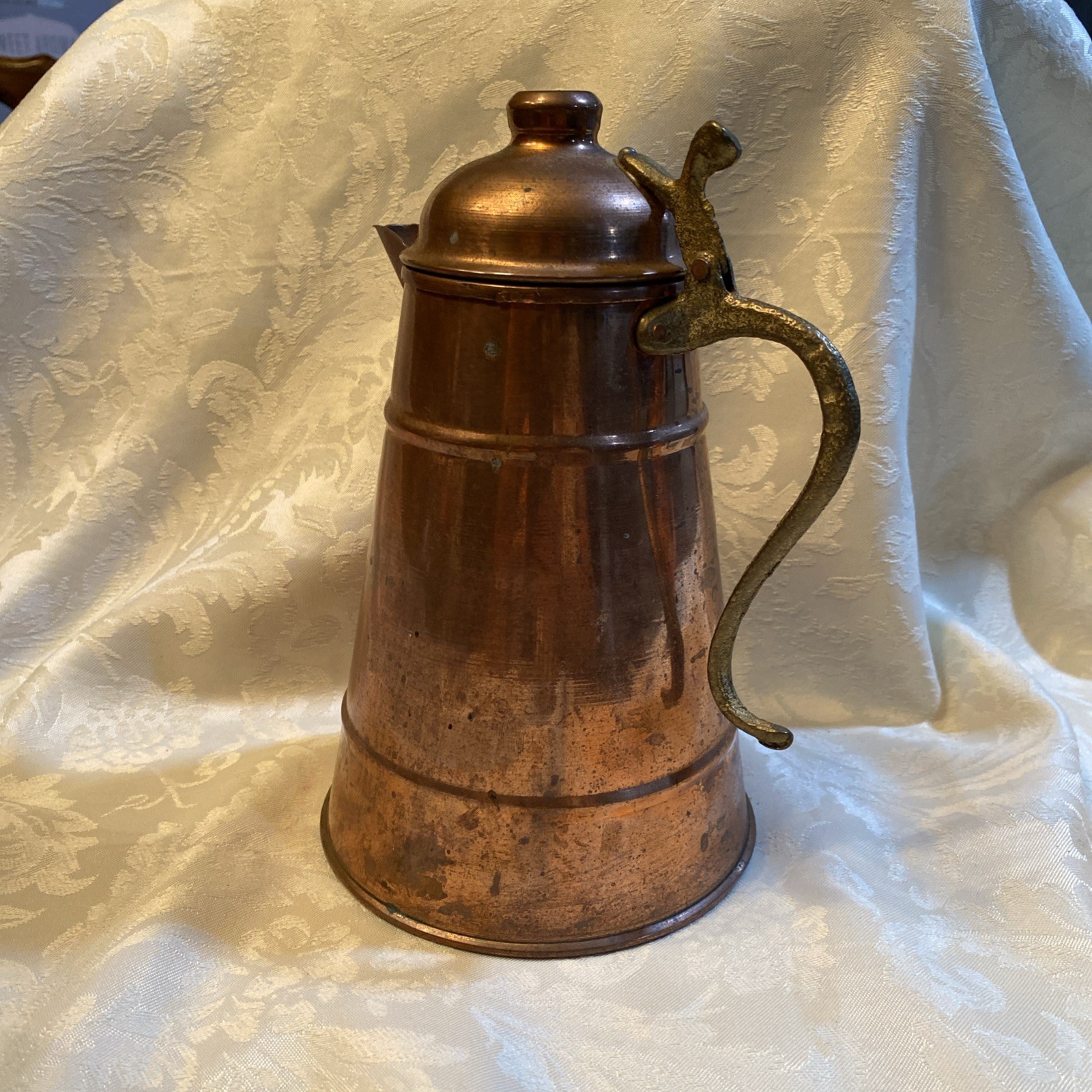 Vintage Copper Tea Coffee Pot, Lidded Copper Water Pitcher Hinged Brass Handle