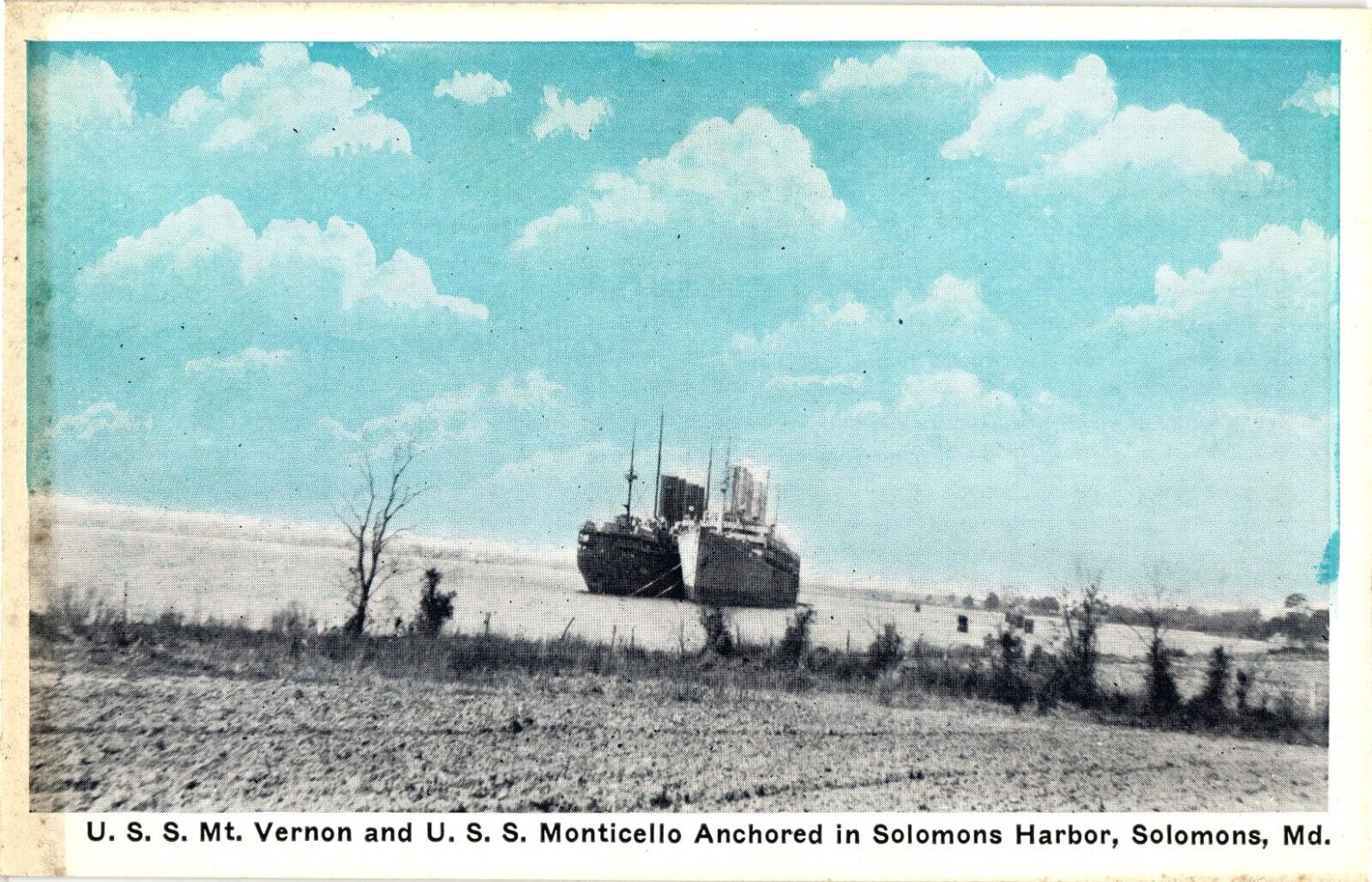 USS Mt Vernon & USS Monticello Anchored Solomons Harbor MD Postcard c1930