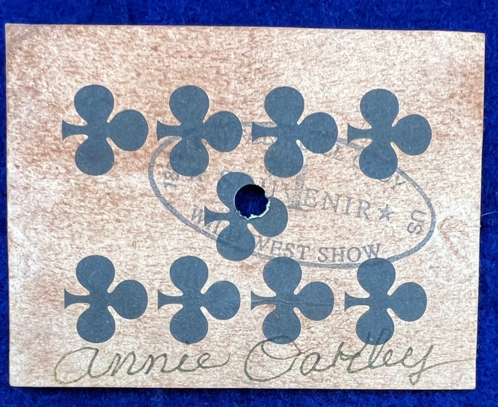Annie Oakley Signed & Shot Playing Card Bullet Hole Antique Western Buffalo Bill Annie Oakley Signed & Shot Playing Card Bullet Hole Antique Western Buffalo Bill