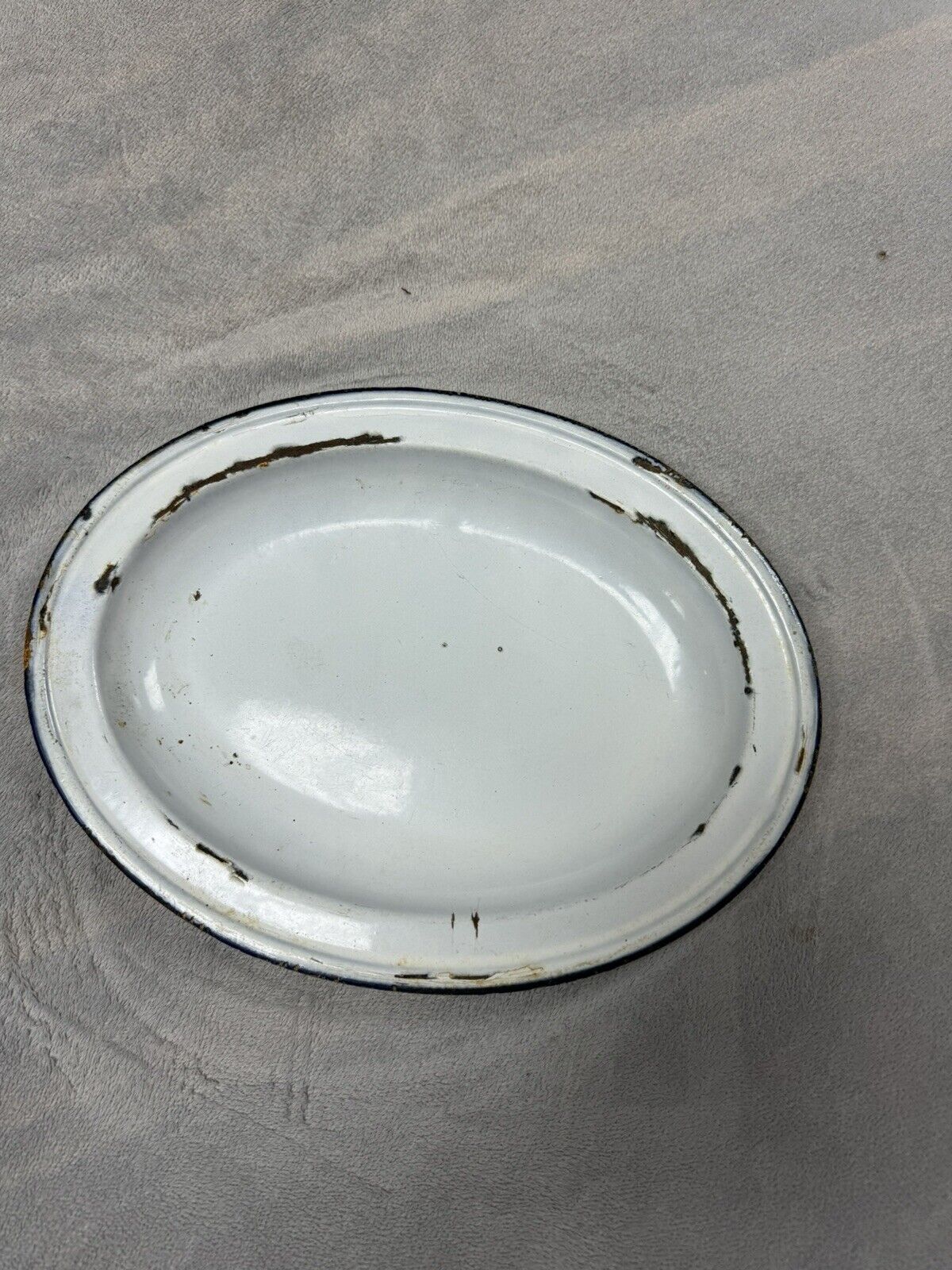 Vintage Antique L & G Enamelware Oval Platter Trimmed in Colbalt Blue
