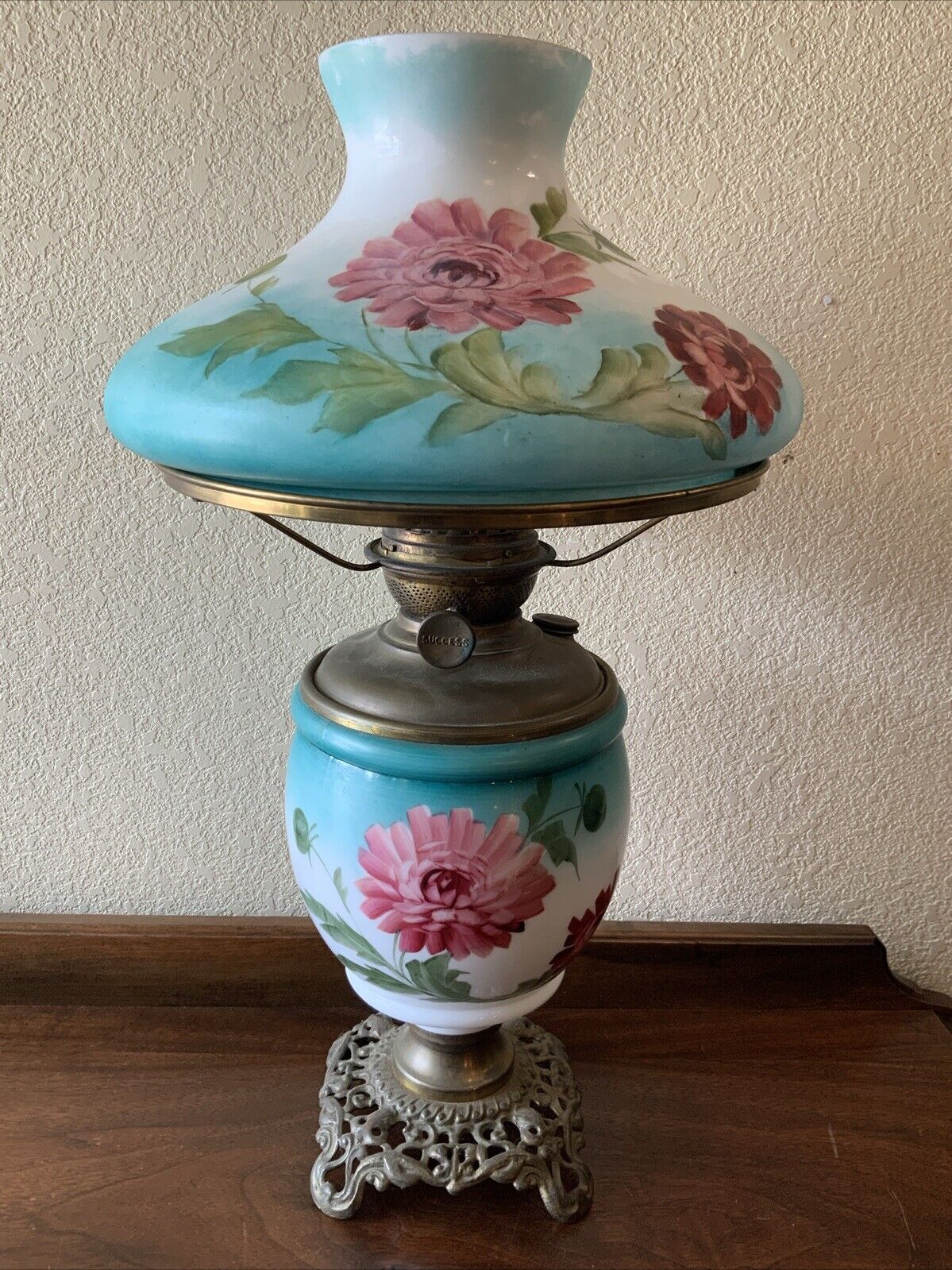 Vintage Antique Success Glass Flowers GWTW Banquet Parlor Hurricane Oil Lamp
