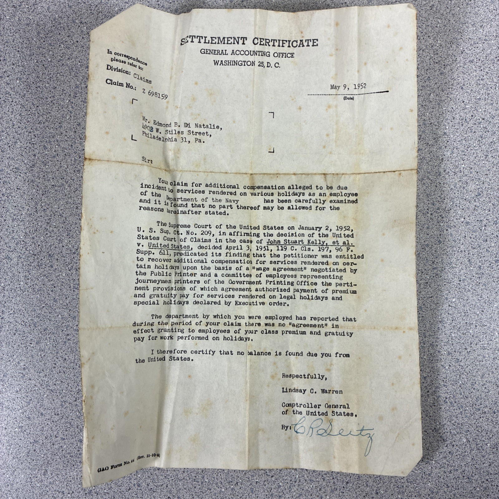 Vtg 1952 Naval Navy Military Official Document Settlement Certificate Form Claim